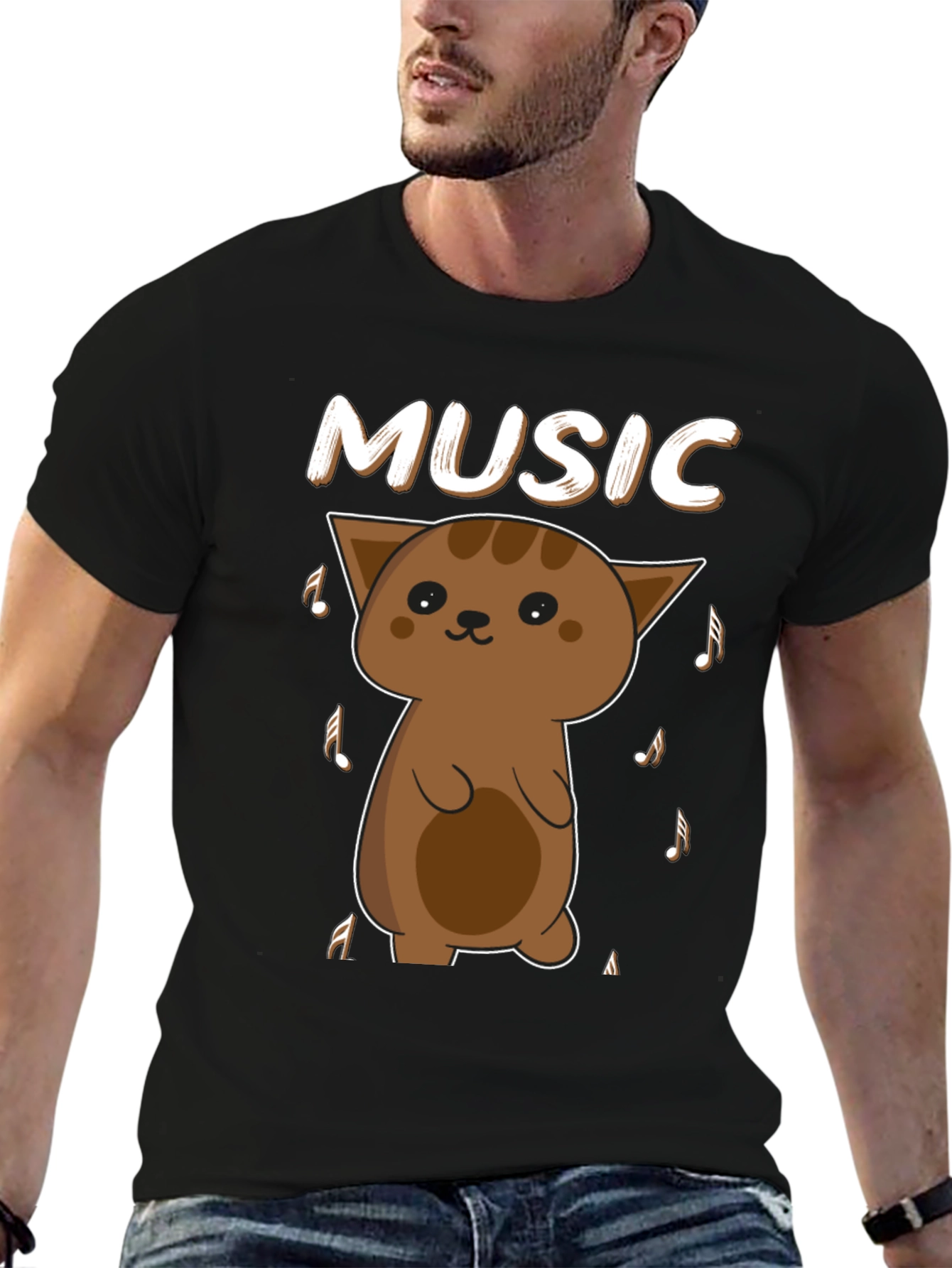 Black Cute Cat Music Lover T-Shirt - Unisex Soft Cotton Tee view 6