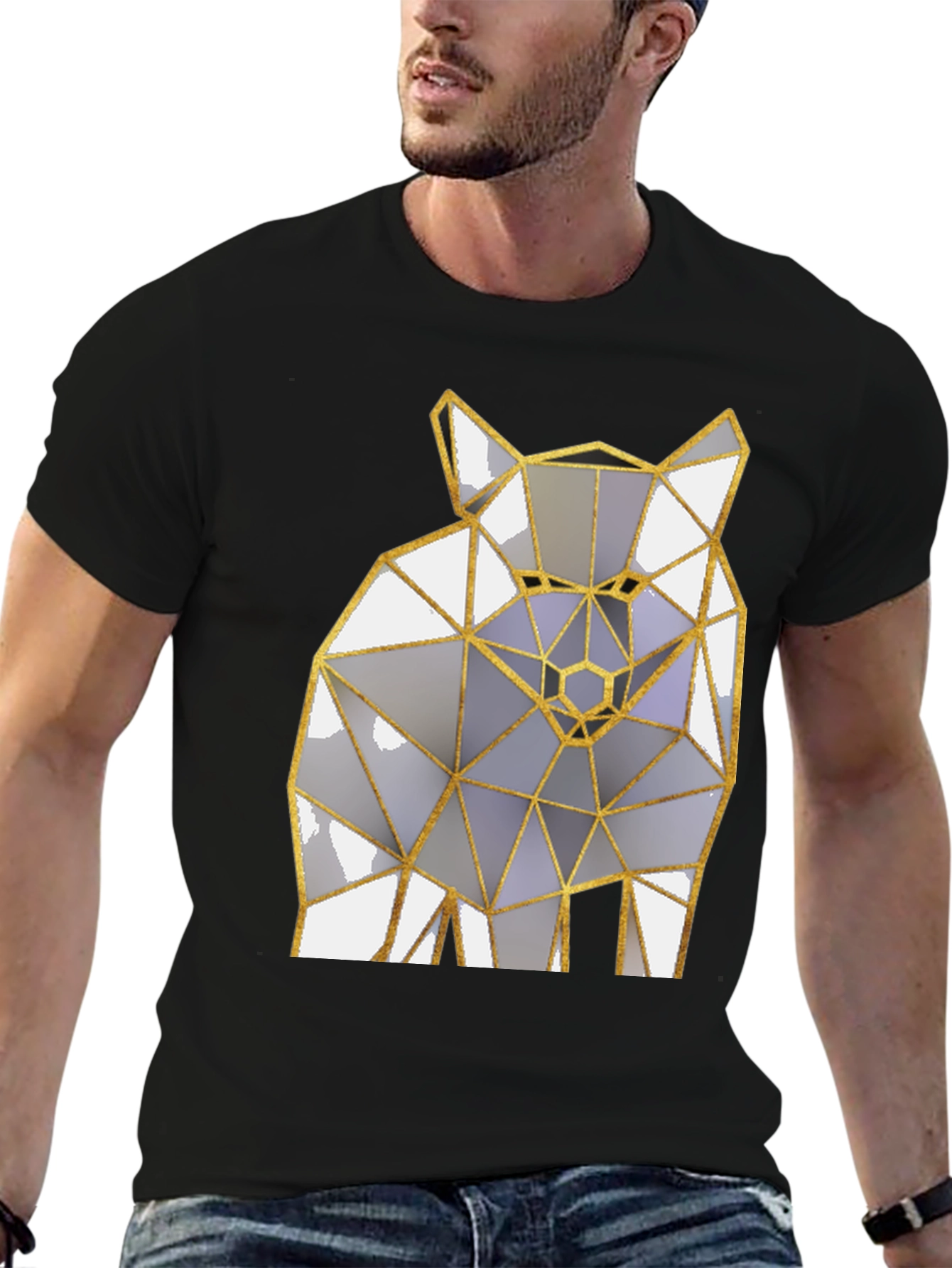 Black Geometric Wolf Graphic Tee - Modern Men's Black T-Shirt view 6