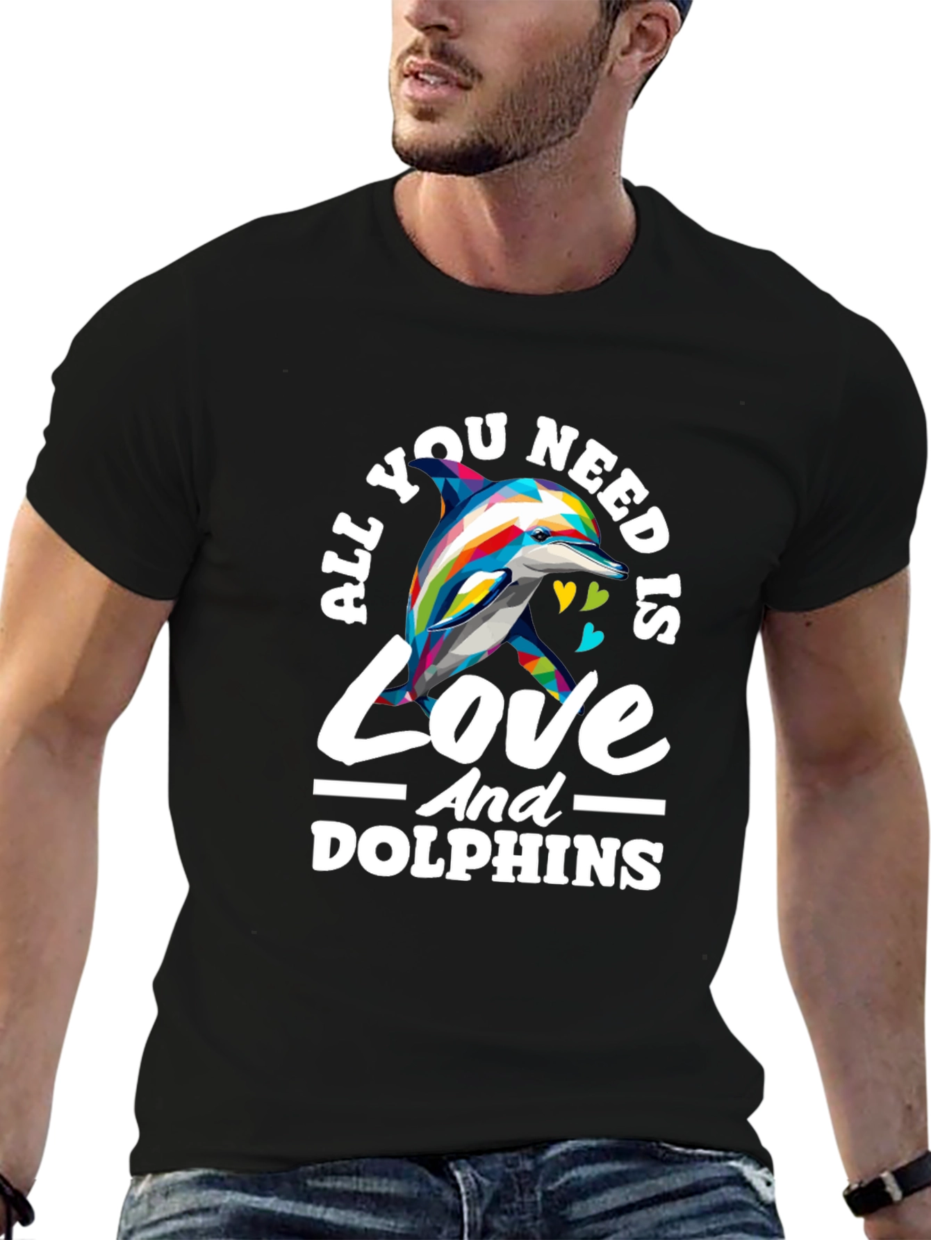 Black All You Need Is Love And Dolphins T-Shirt view 6