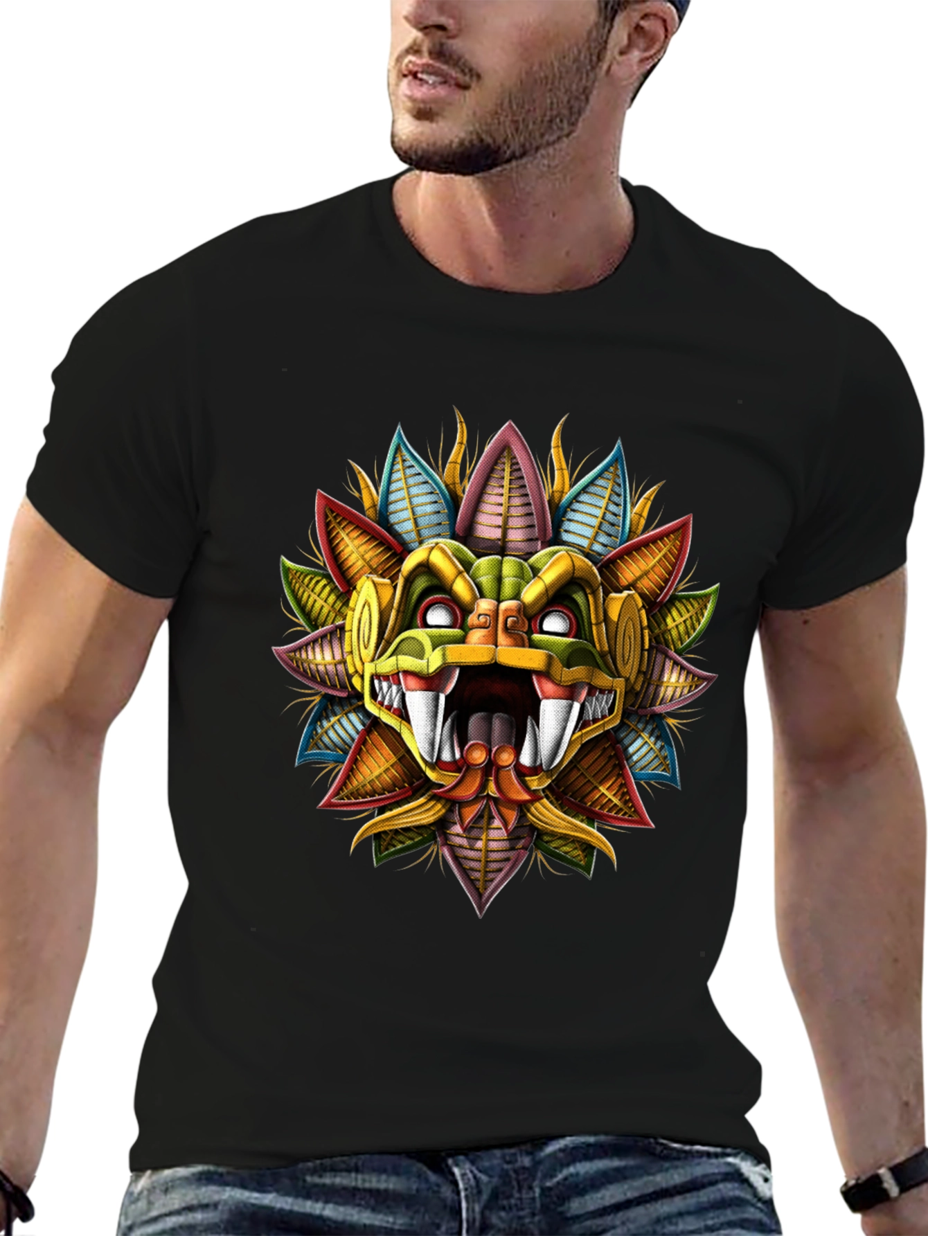 Black Aztec Serpent God T-Shirt - Bold Graphic Tee view 6