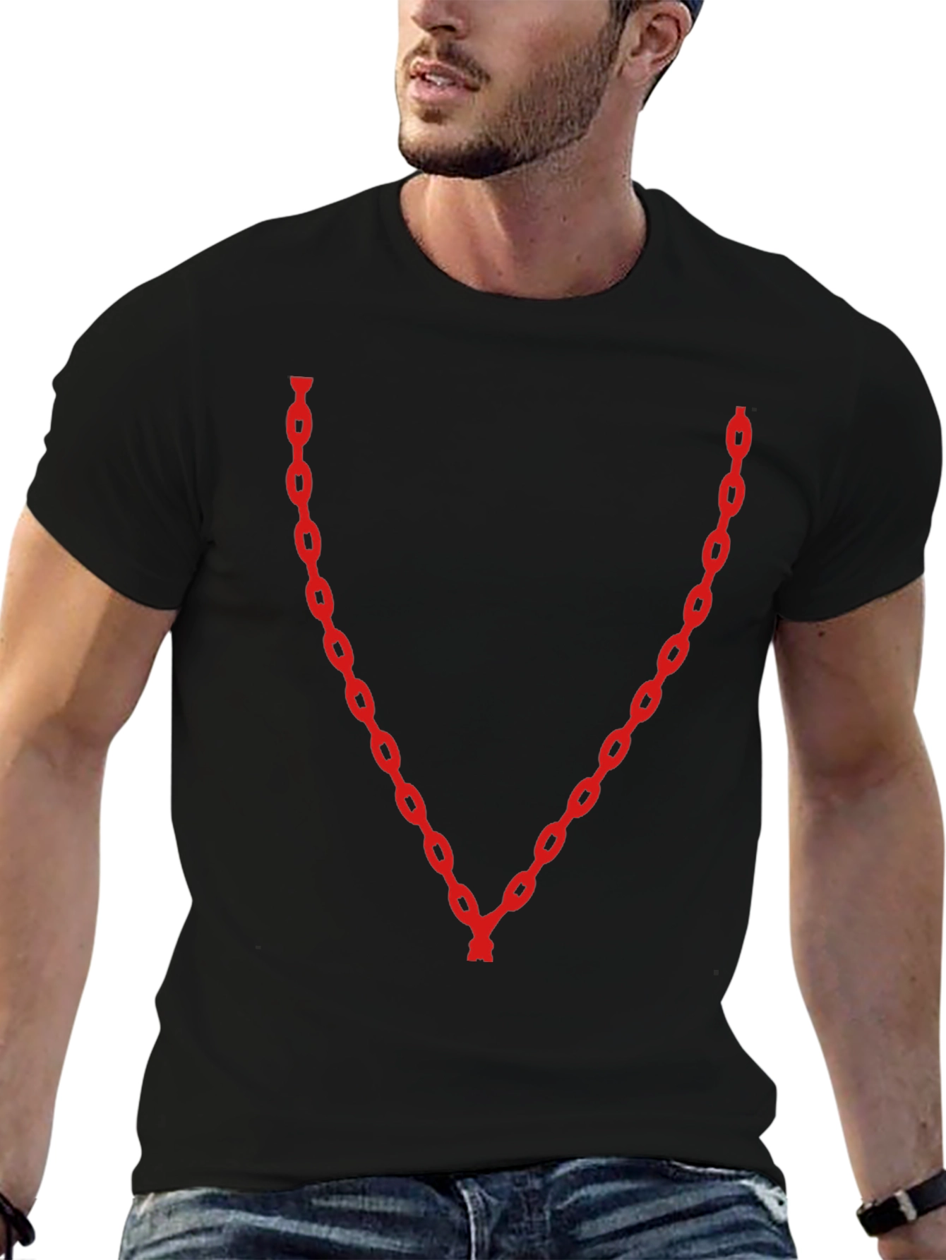 Black Red Chain V-Neck Black T-Shirt view 6