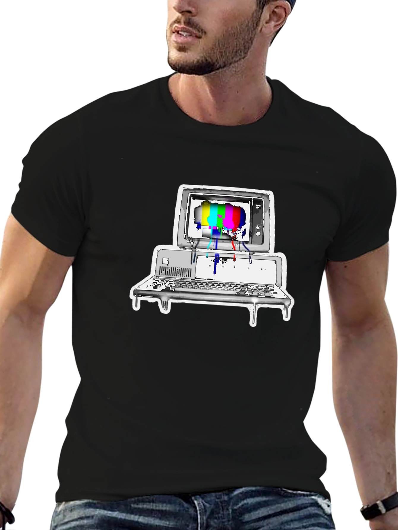 Black Retro Computer Glitch Graphic Tee - Black Cotton Blend view 6