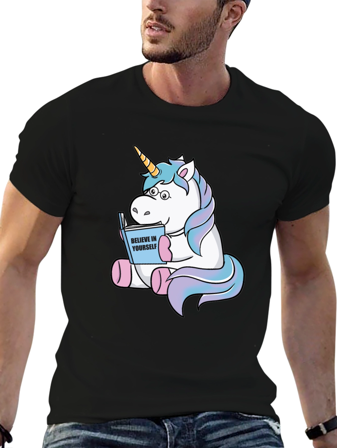 Black Unicorn Reading Book Graphic T-Shirt view 6