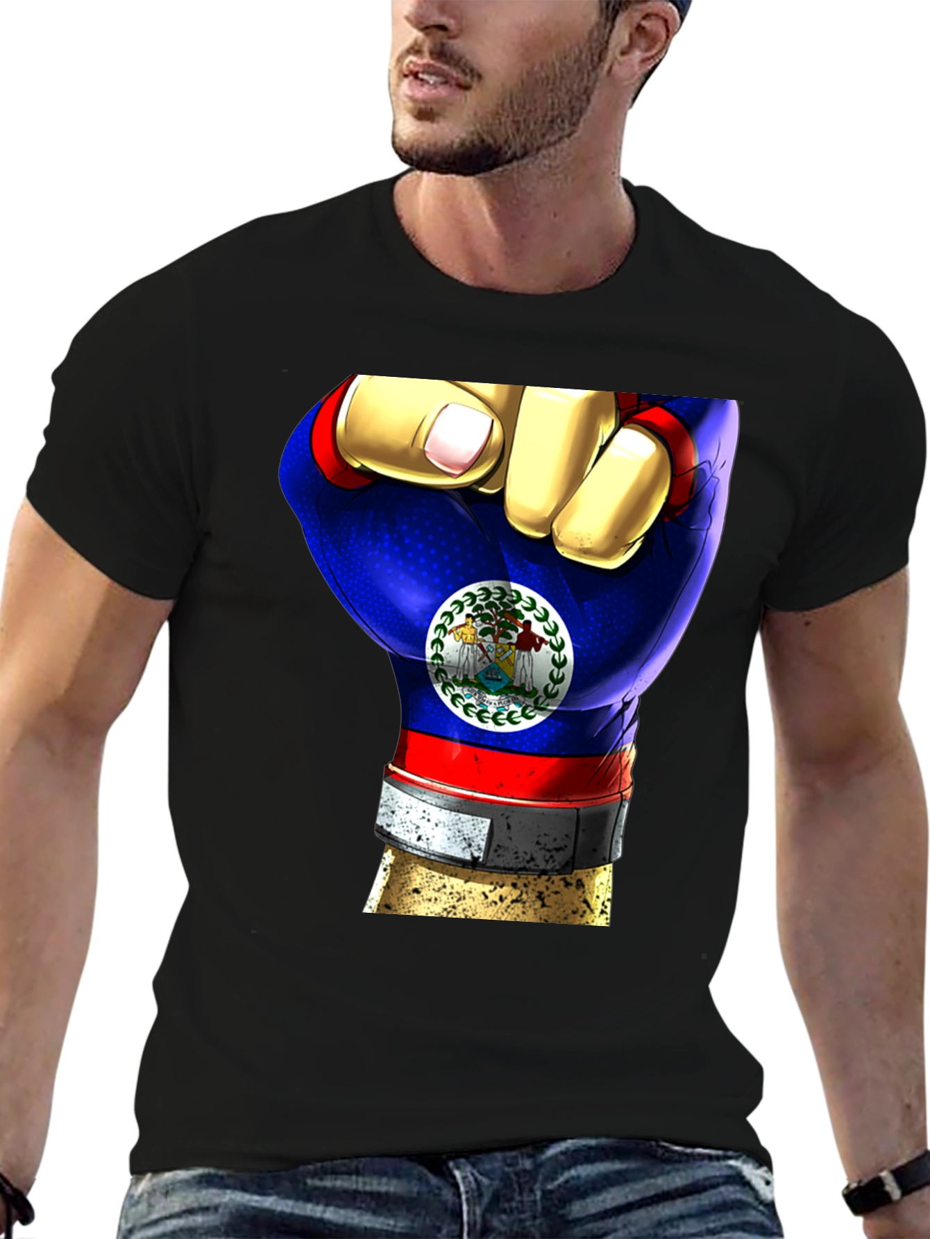 Black Belize Flag Fist T-Shirt view 6