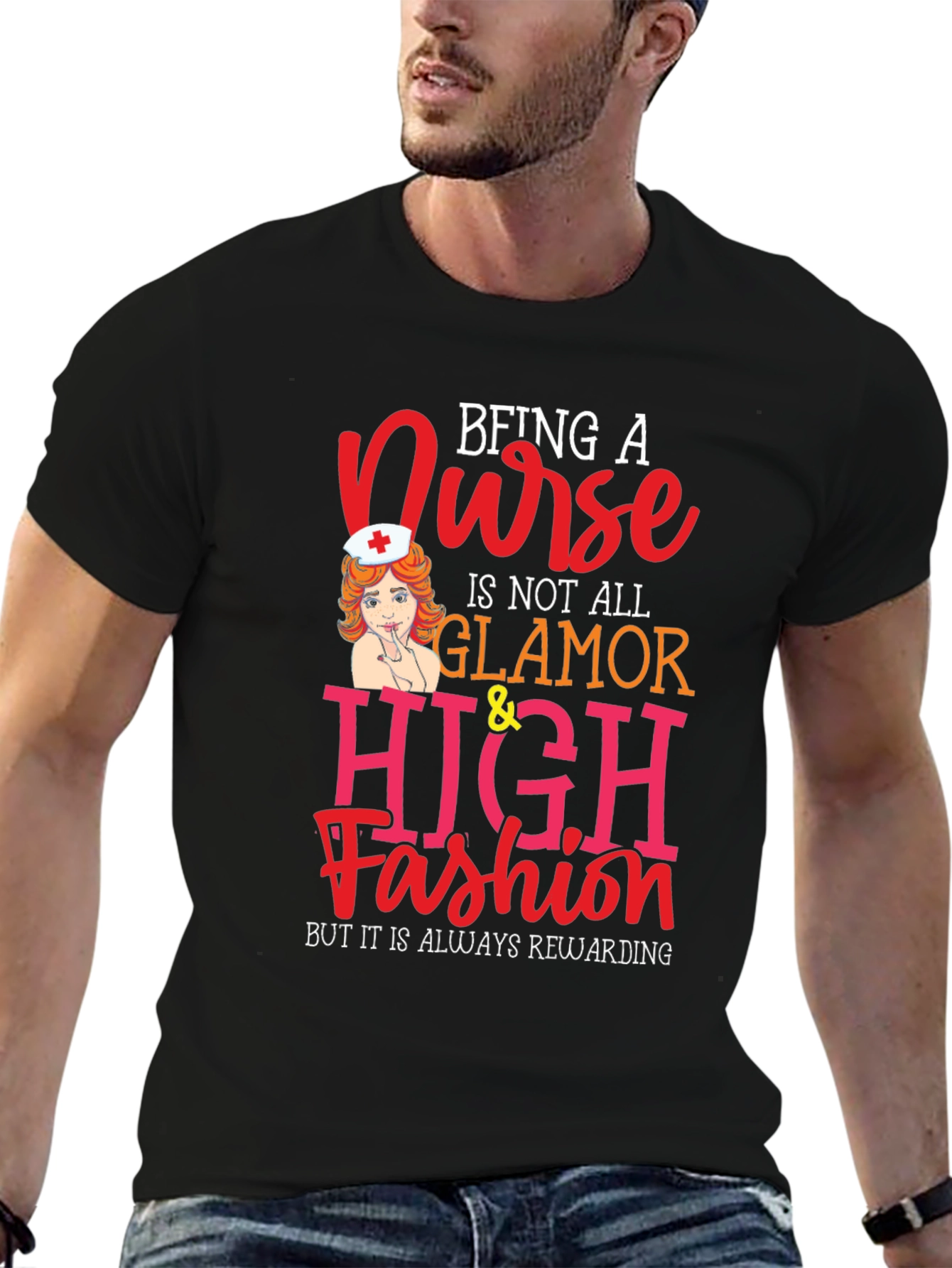 Black Nurse Glamour T-Shirt - Rewarding Profession Tee view 6
