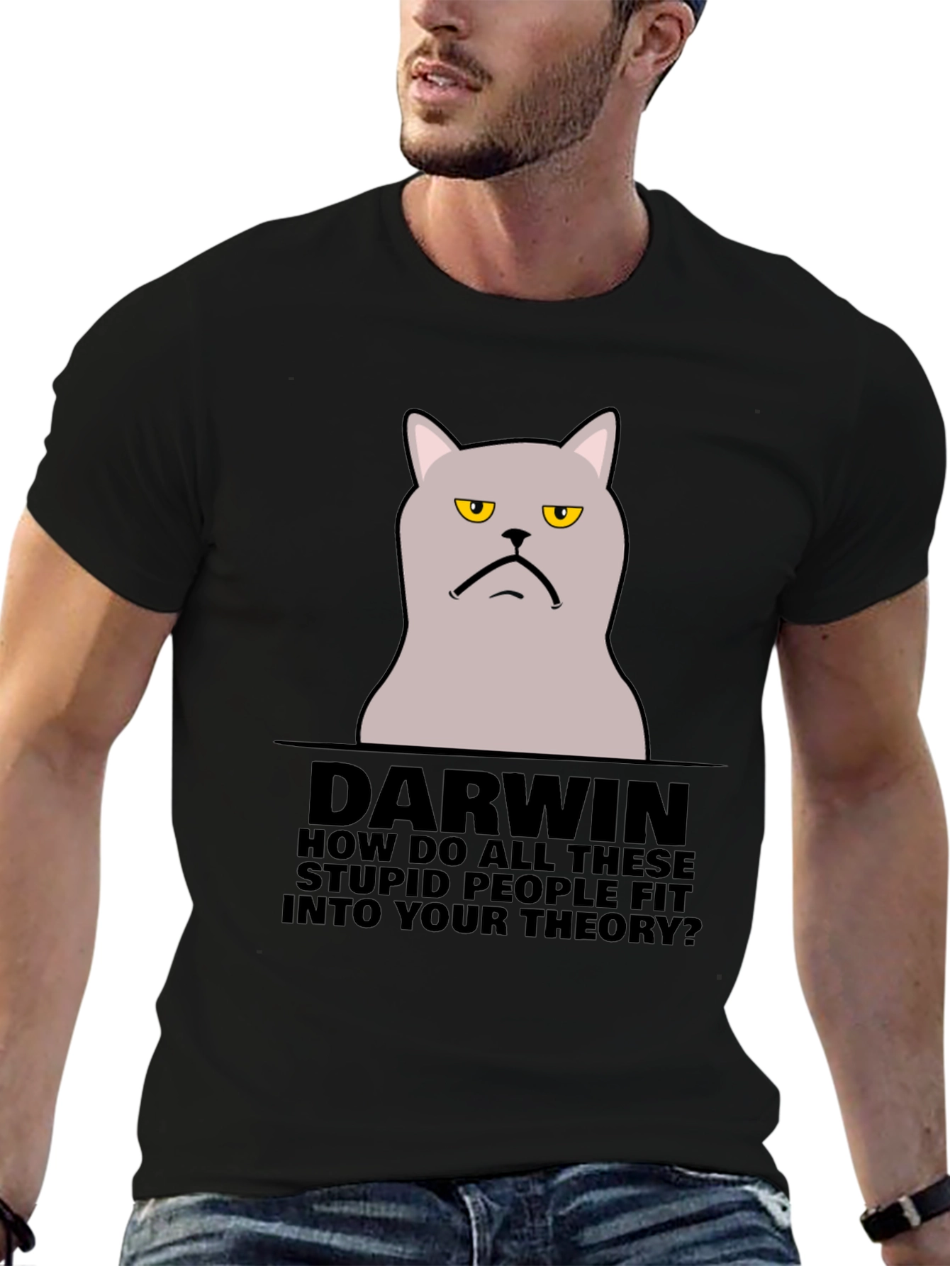 Black Darwin Cat T-Shirt - Funny Theory Design view 6