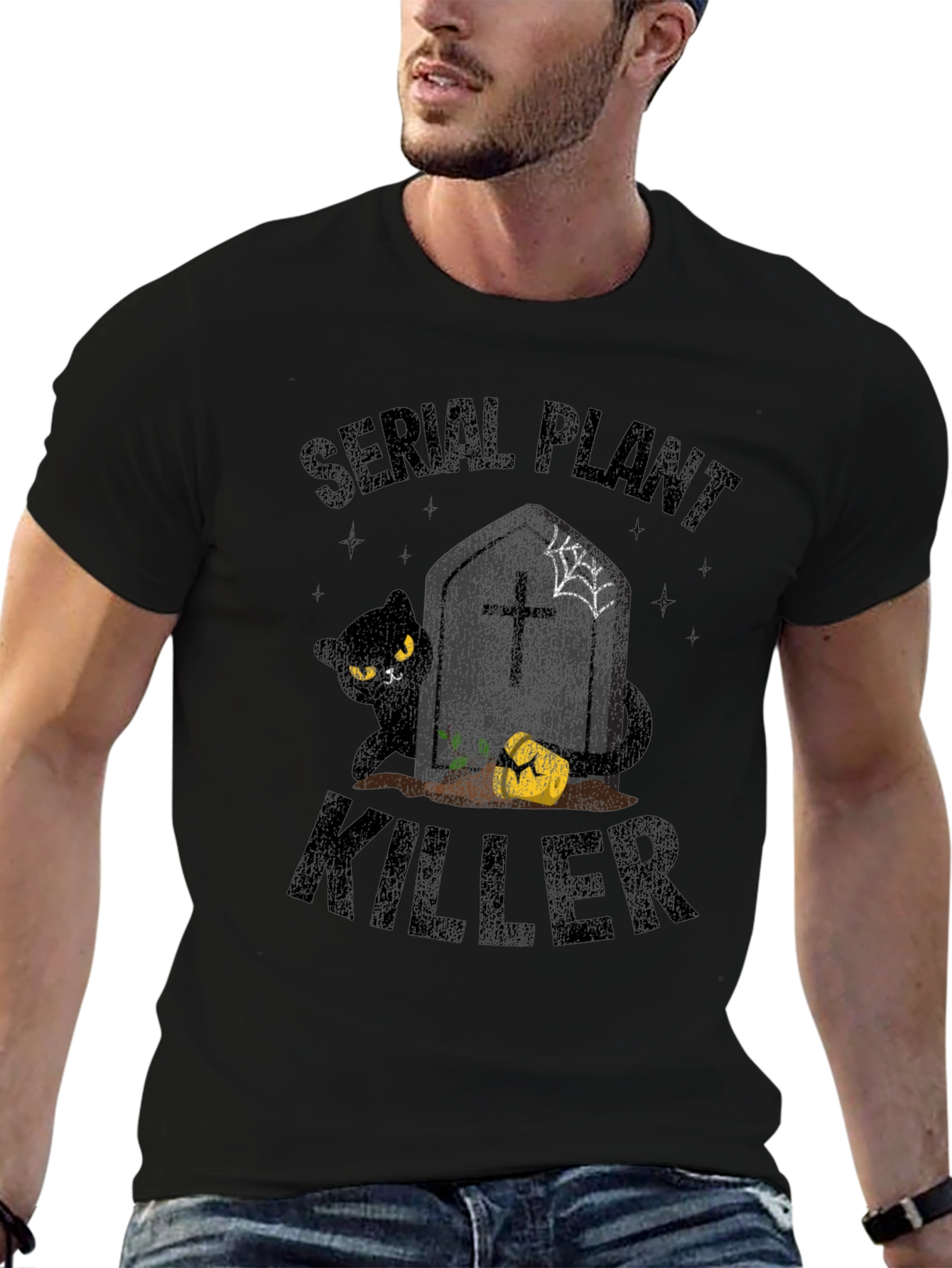 Black Serial Plant Killer T-Shirt - Halloween Cat Design view 6