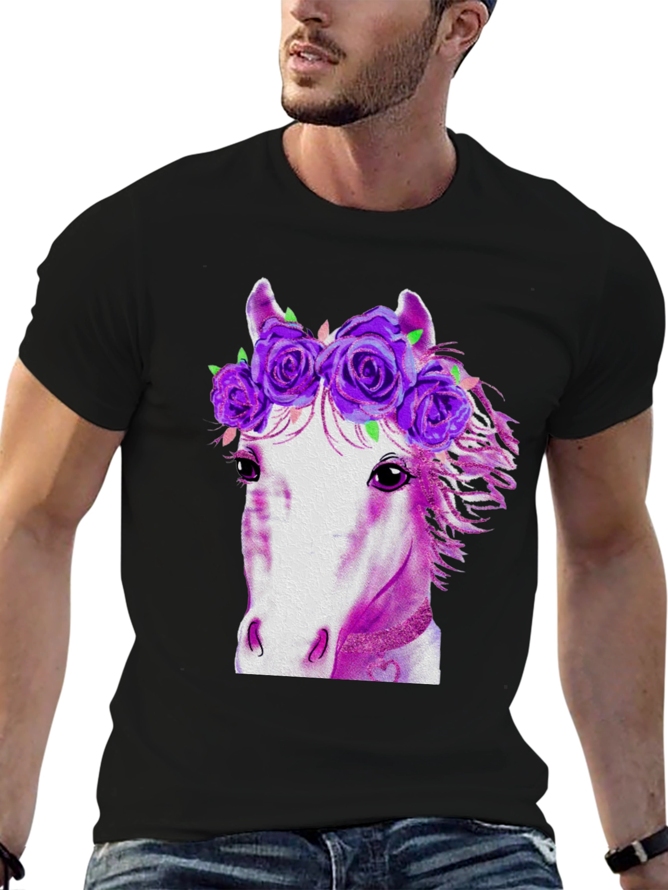 Black Floral Crown Horse Graphic T-Shirt view 6