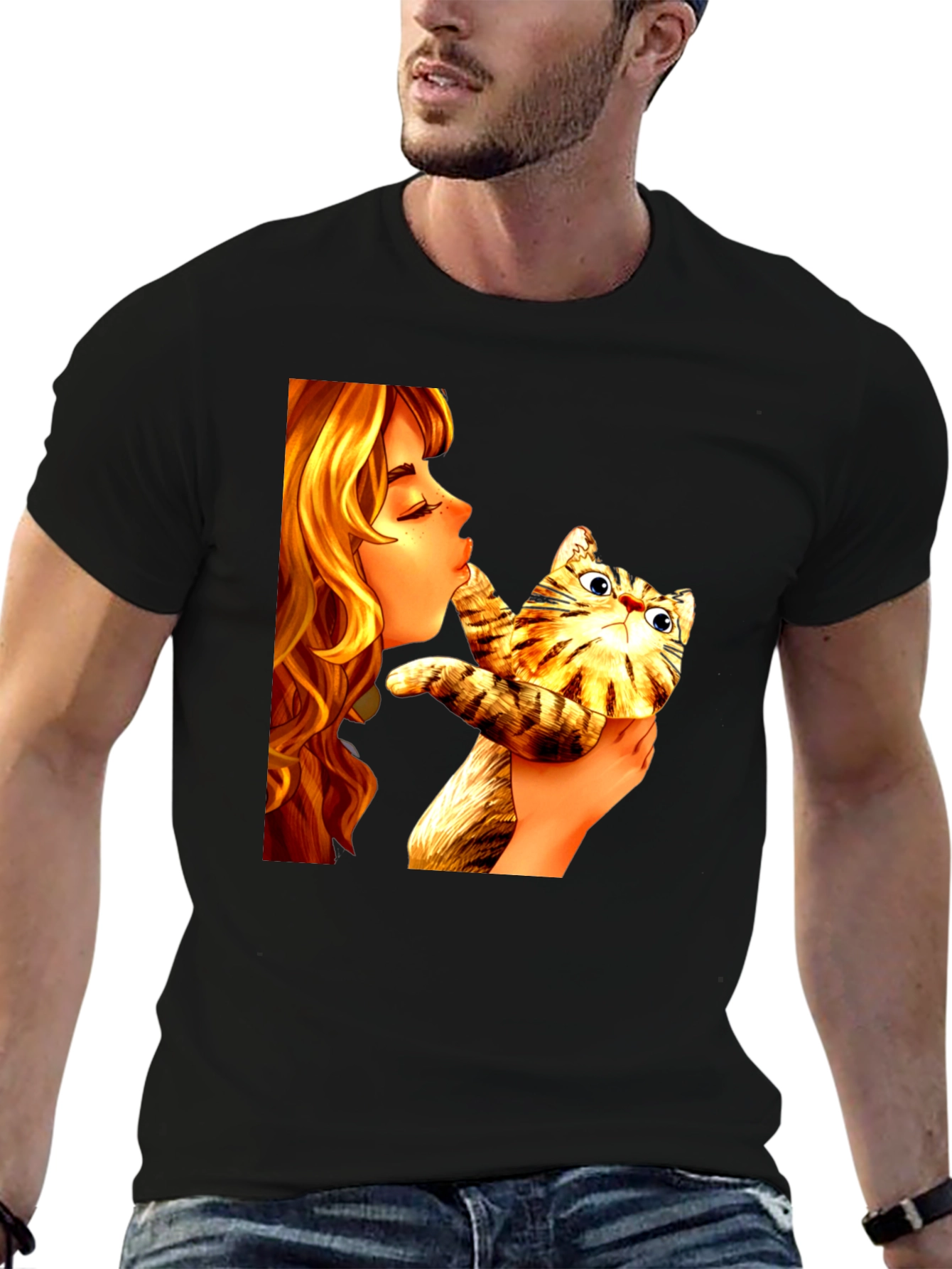 Black Girl Kissing Cat Graphic Tee - Novelty Unisex T-Shirt view 6