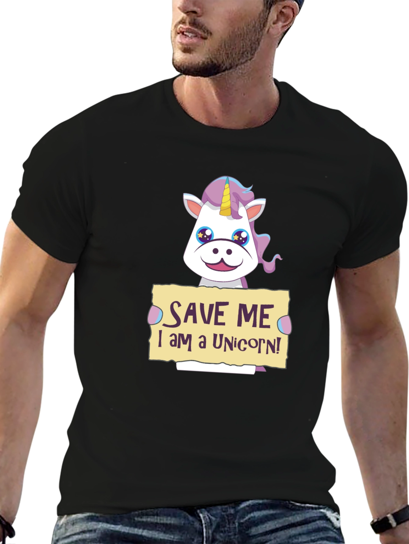 Black Save Me Unicorn T-Shirt - Novelty Graphic Tee view 6