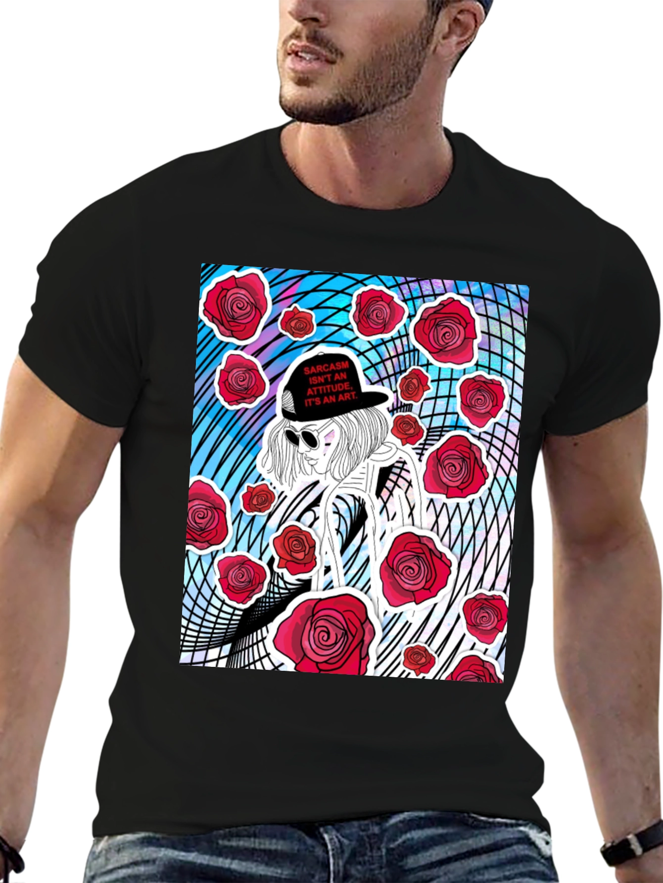 Black Edgy Rose Graphic Tee - Sarcasm Art view 6