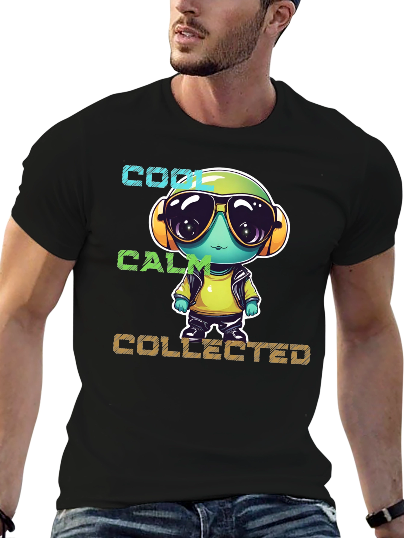 Black Cool, Calm, Collected Cartoon Character T-Shirt view 6