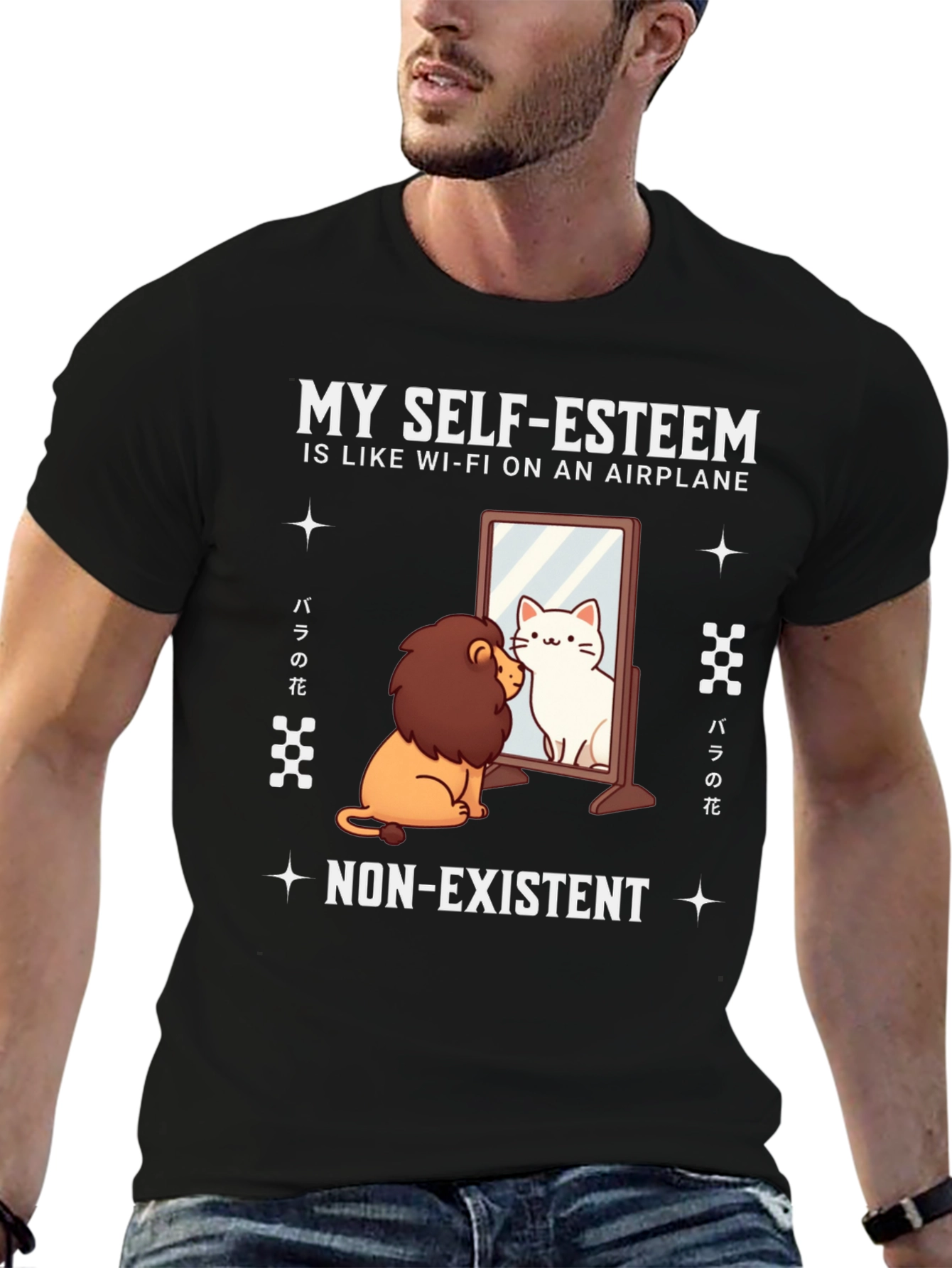 Black Self-Esteem Lion/Cat T-Shirt - Airplane Wi-Fi Funny Tee view 6