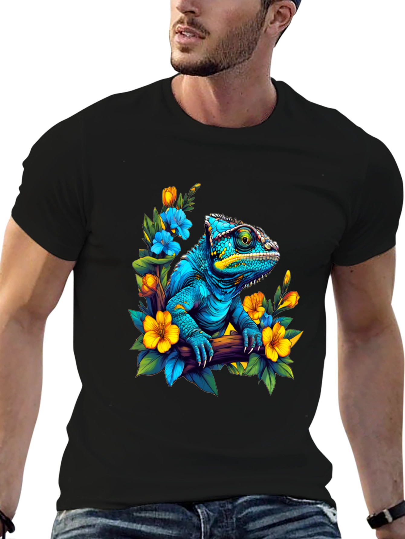 Black Blue Chameleon Floral Graphic Tee view 6