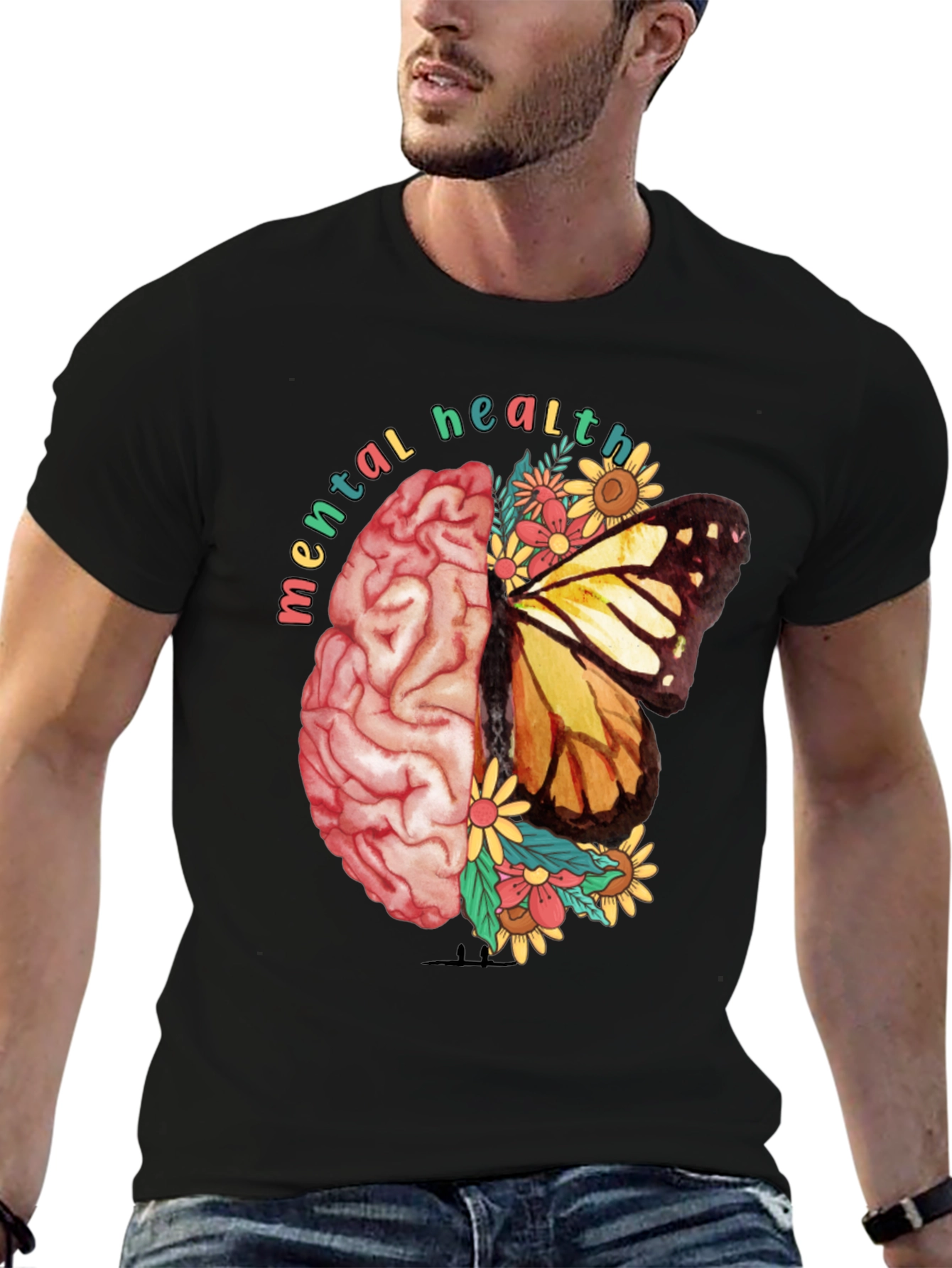 Black Mental Health Butterfly Brain Graphic Tee view 6