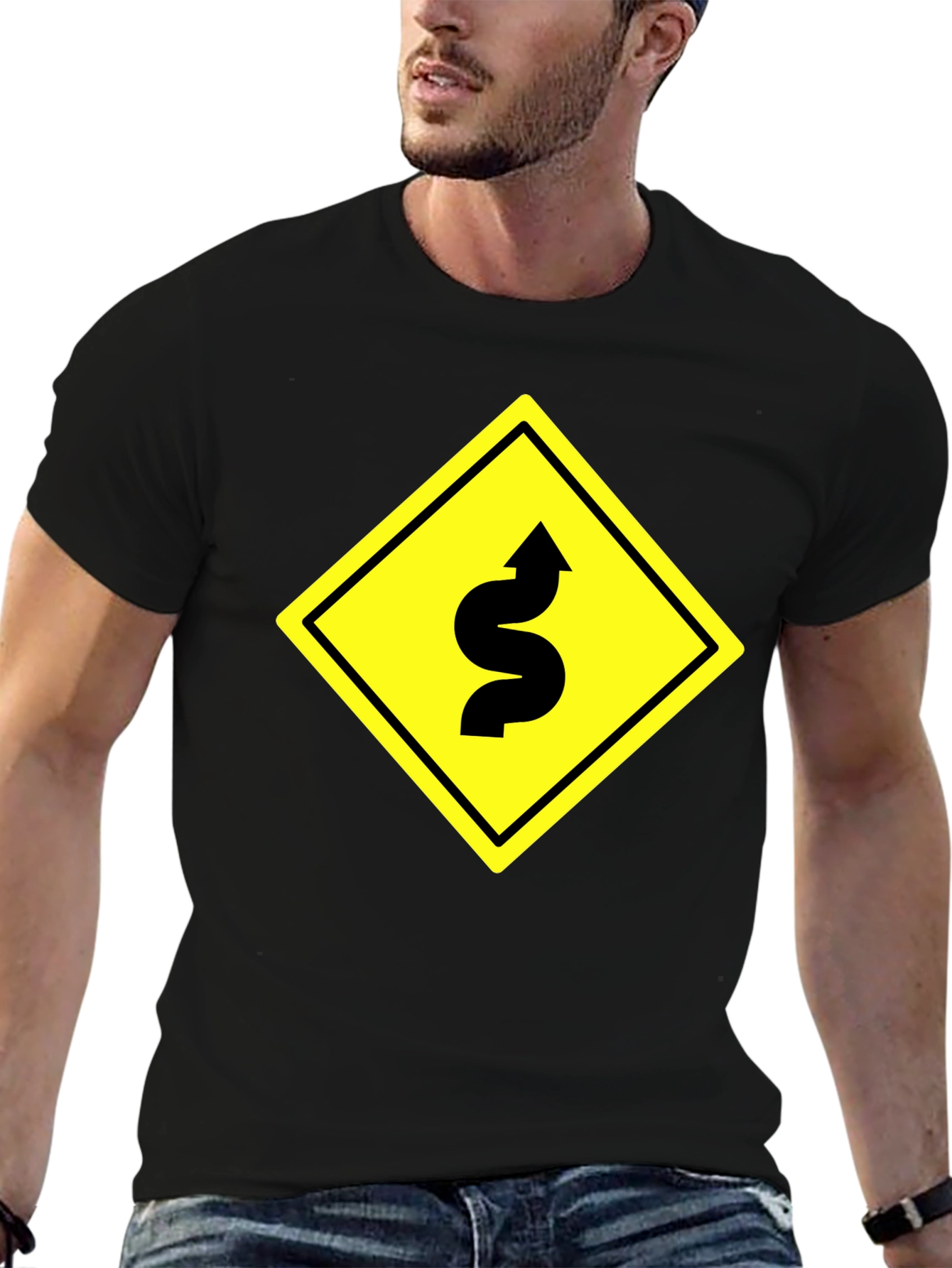 Black Winding Road Graphic Tee - Black Cotton T-Shirt view 6