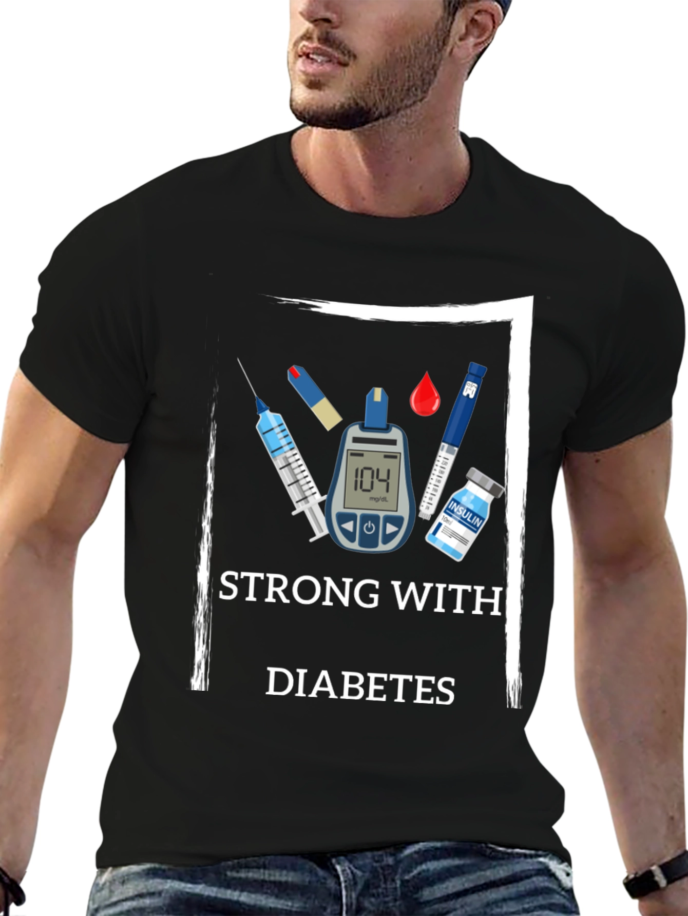 Black Strong With Diabetes Awareness T-Shirt view 6