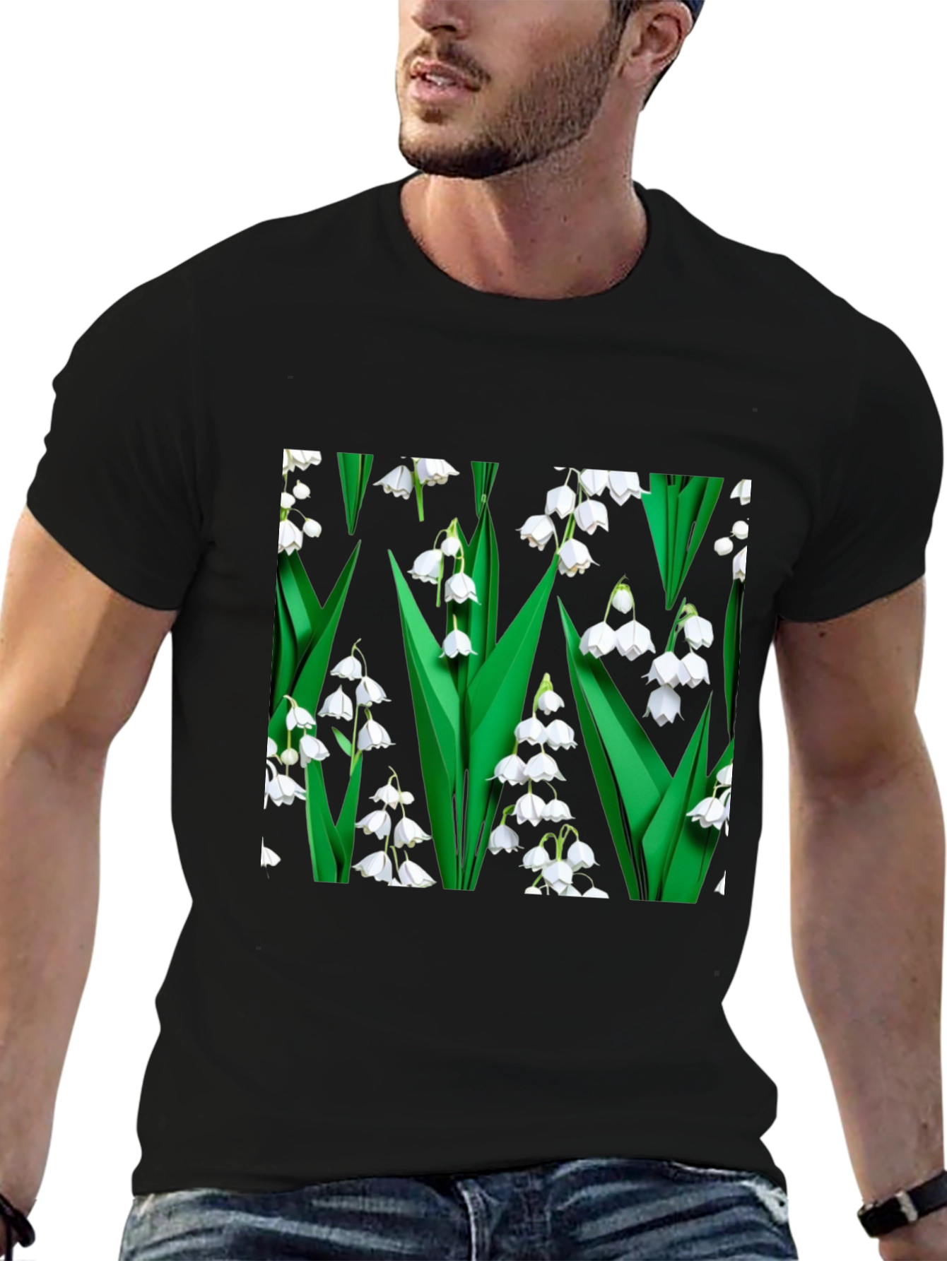 Black Lily of the Valley Print Black T-Shirt view 6
