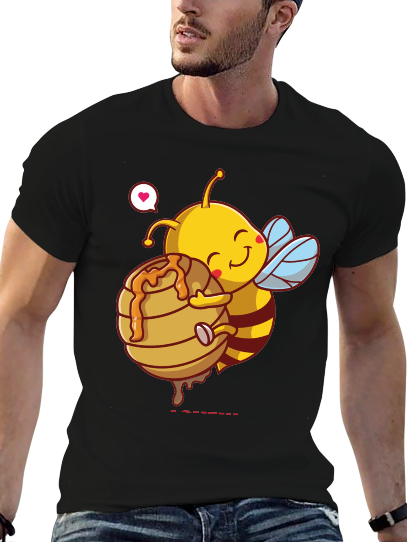 Black Cute Bee Hugging Honeycomb Graphic T-Shirt view 6