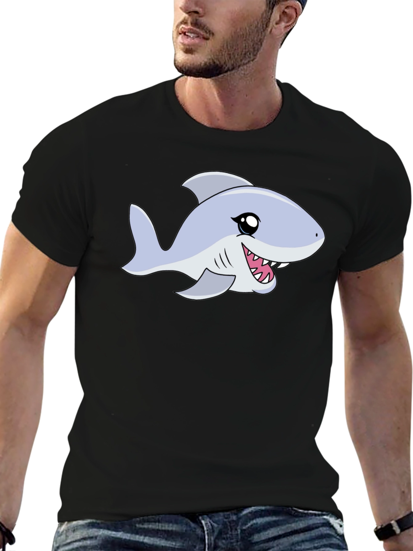 Black Cartoon Shark Graphic Tee - Black Casual Shirt view 6
