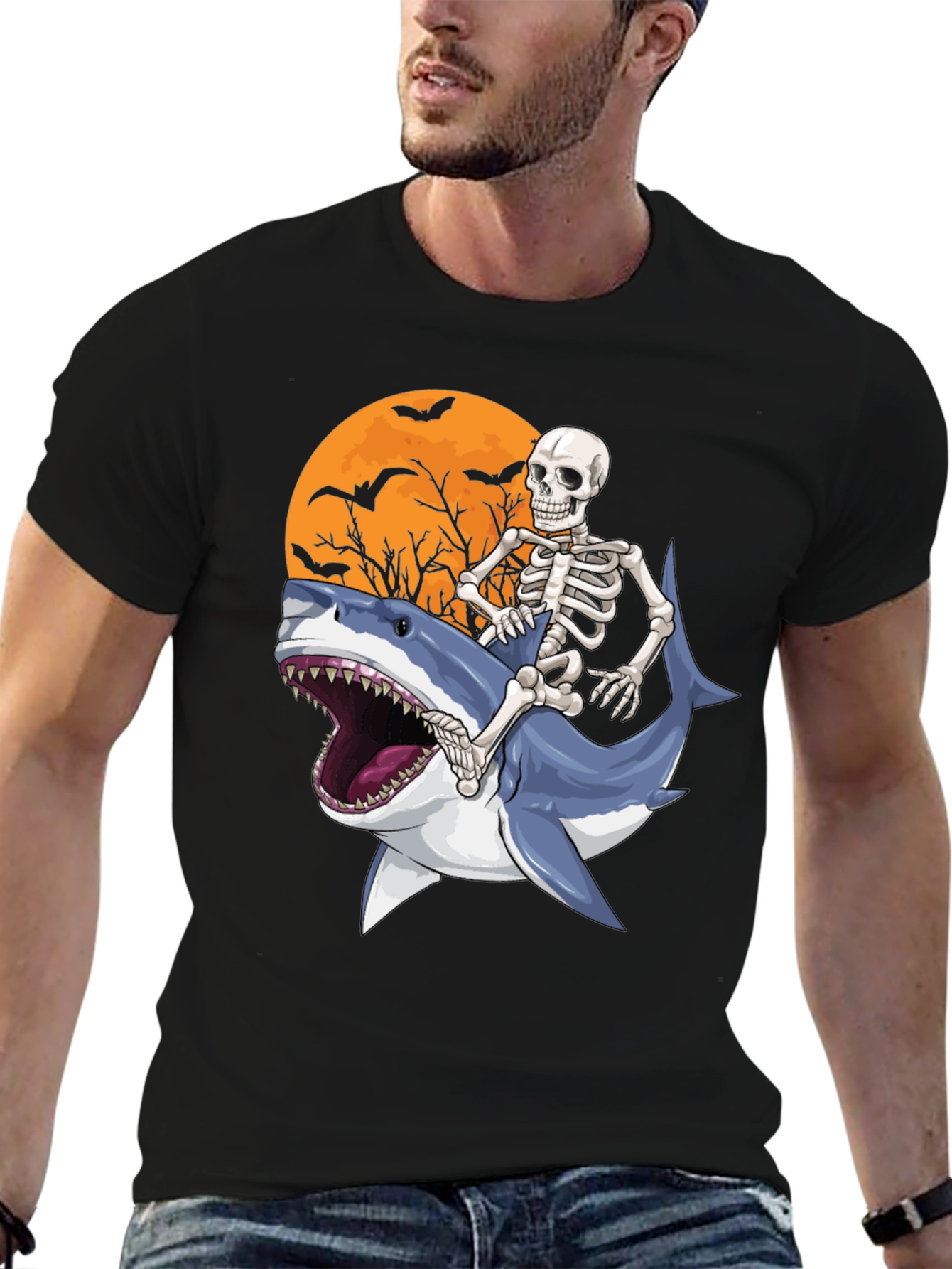 Black Skeleton Riding Shark Graphic T-Shirt - Halloween Style view 6