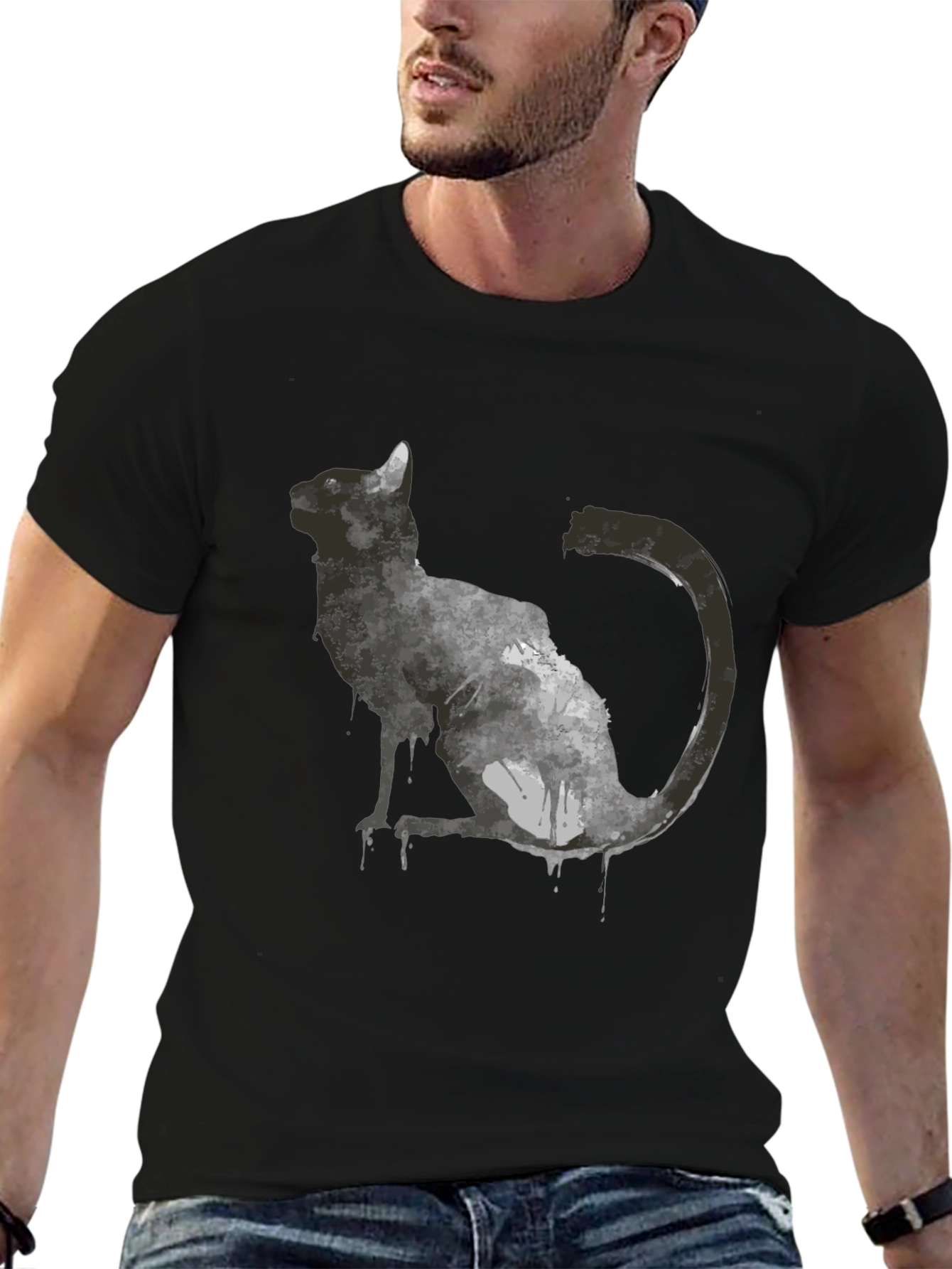 Black Abstract Cat Graphic T-Shirt - Black view 6