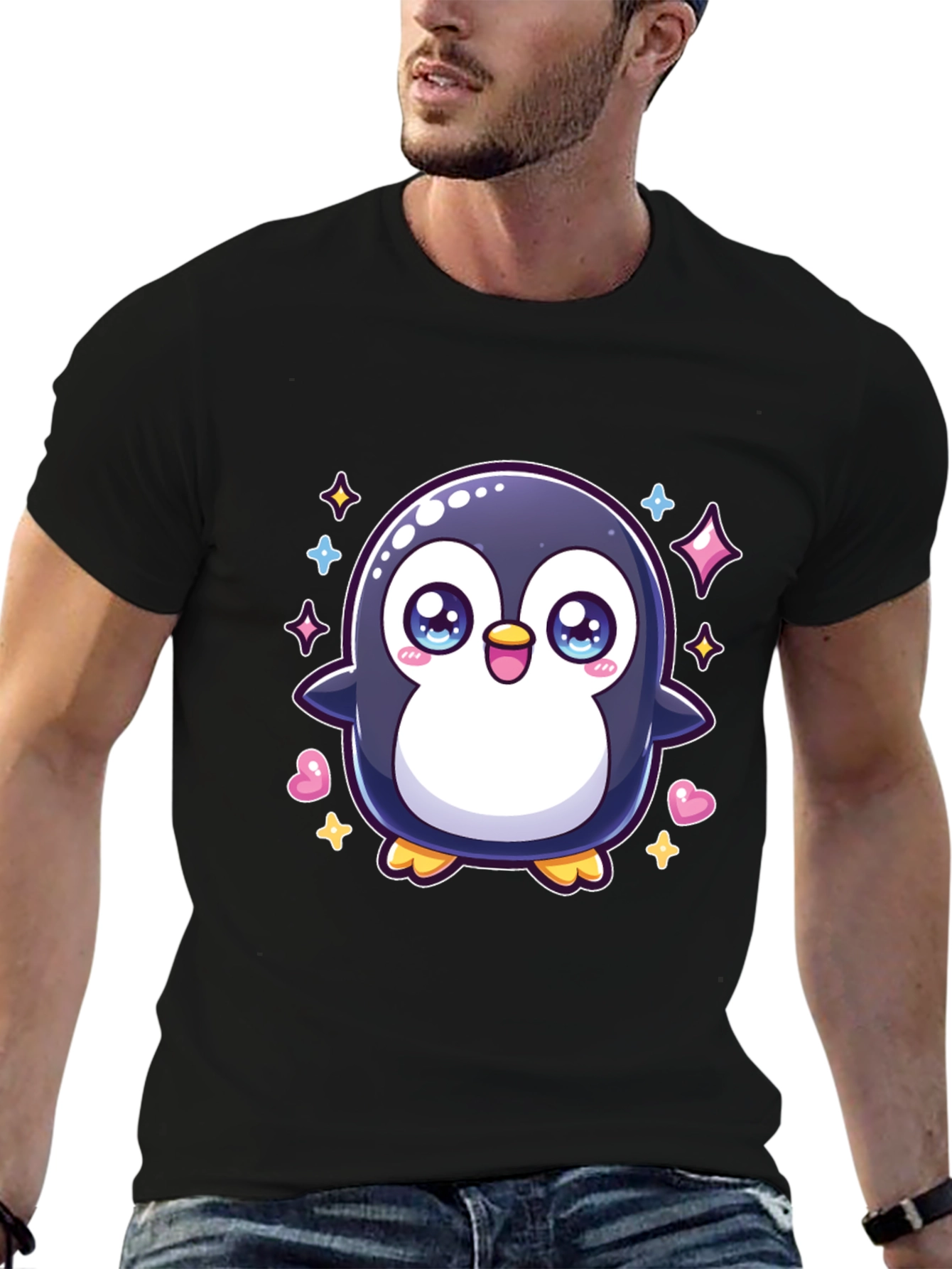 Black Cute Penguin Graphic Tee - Black Cotton Shirt view 6