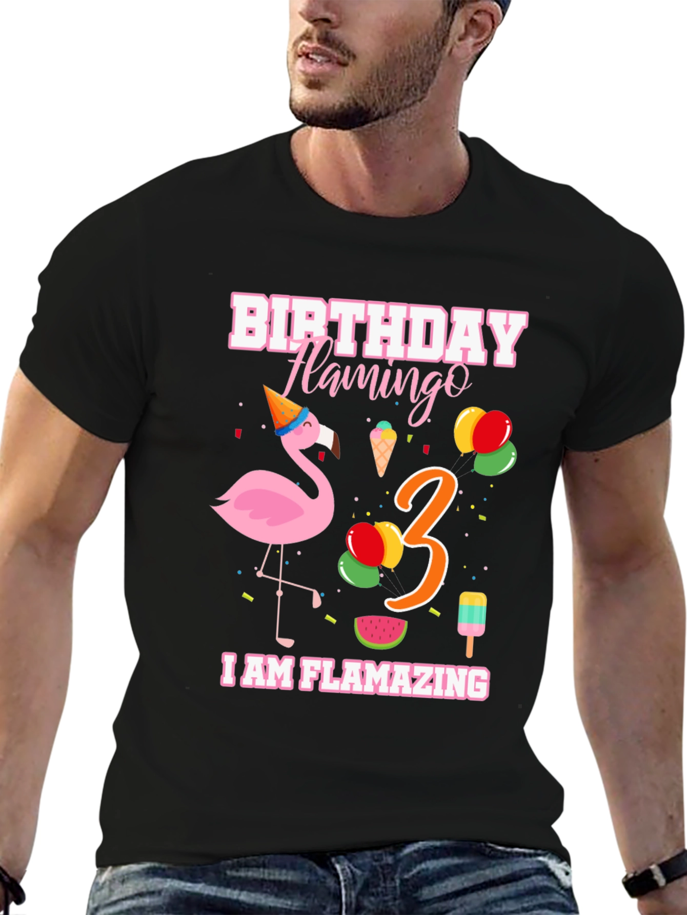 Black Birthday Flamingo Third Birthday T-Shirt view 6
