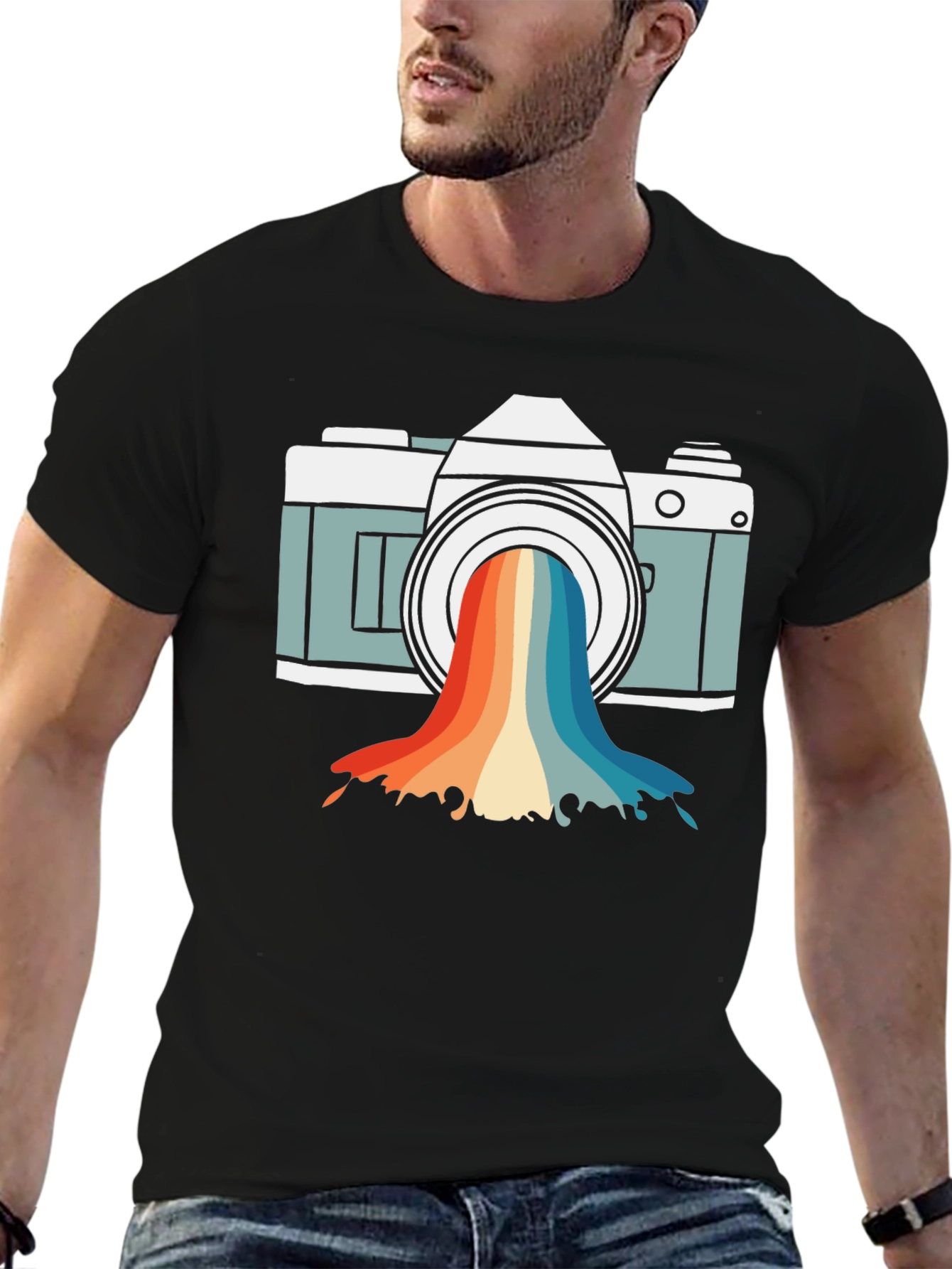 Black Retro Camera Rainbow Graphic Tee - Black Unisex T-Shirt view 6