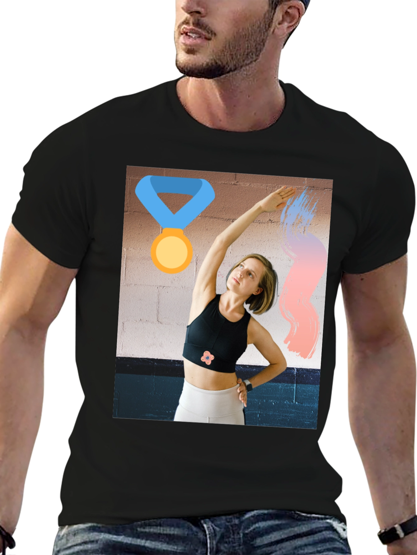 Black Graphic Tee with Athletic Woman Design view 6