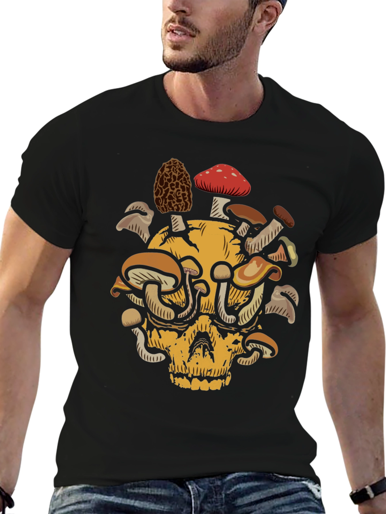 Black Skull & Mushroom Graphic Tee - Unique Design view 6