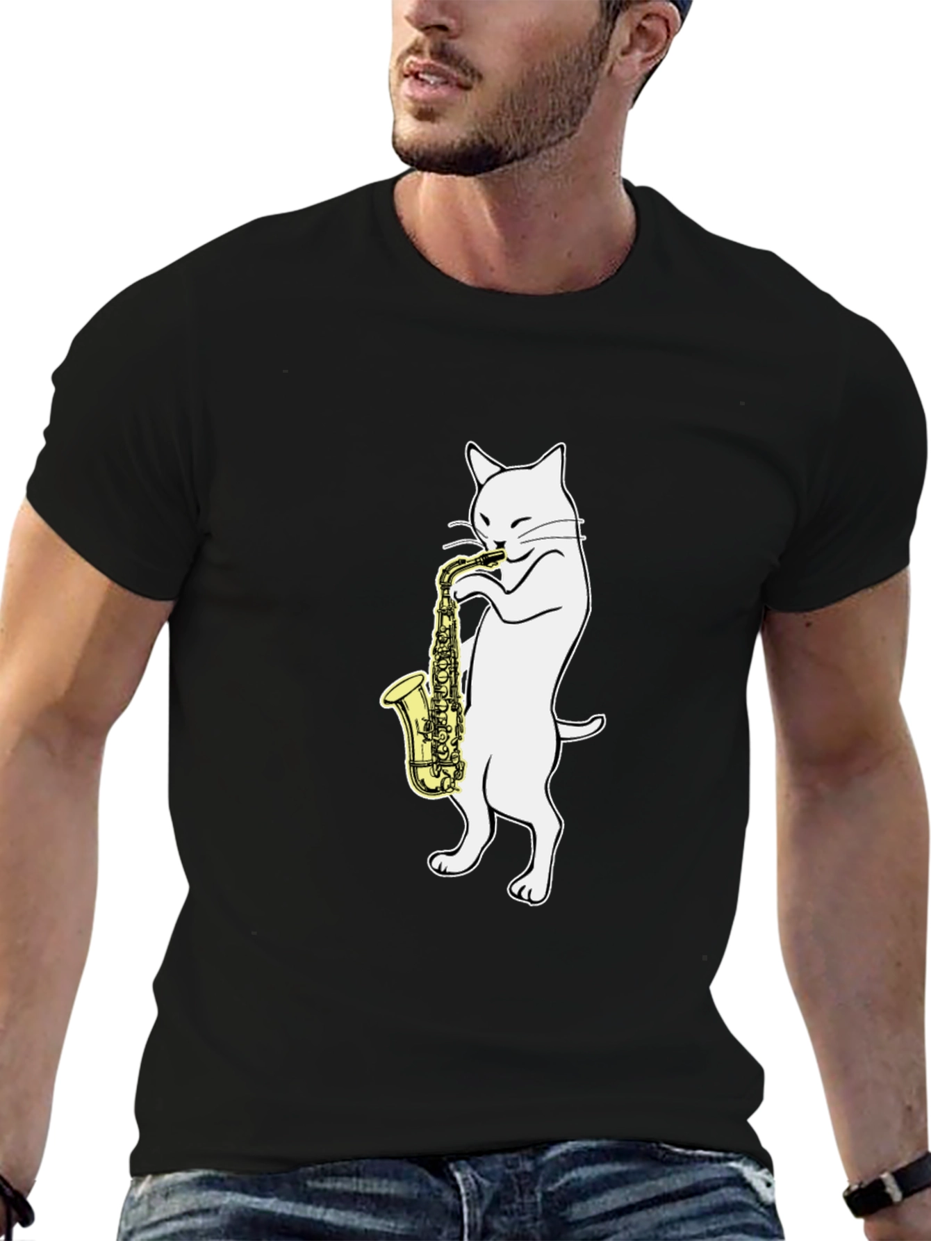 Black Cat Saxophone Player Graphic Tee - Black Cotton view 6