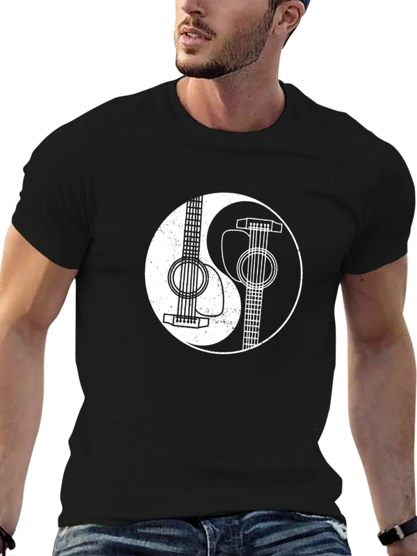 Black Yin Yang Guitar Graphic T-Shirt view 6