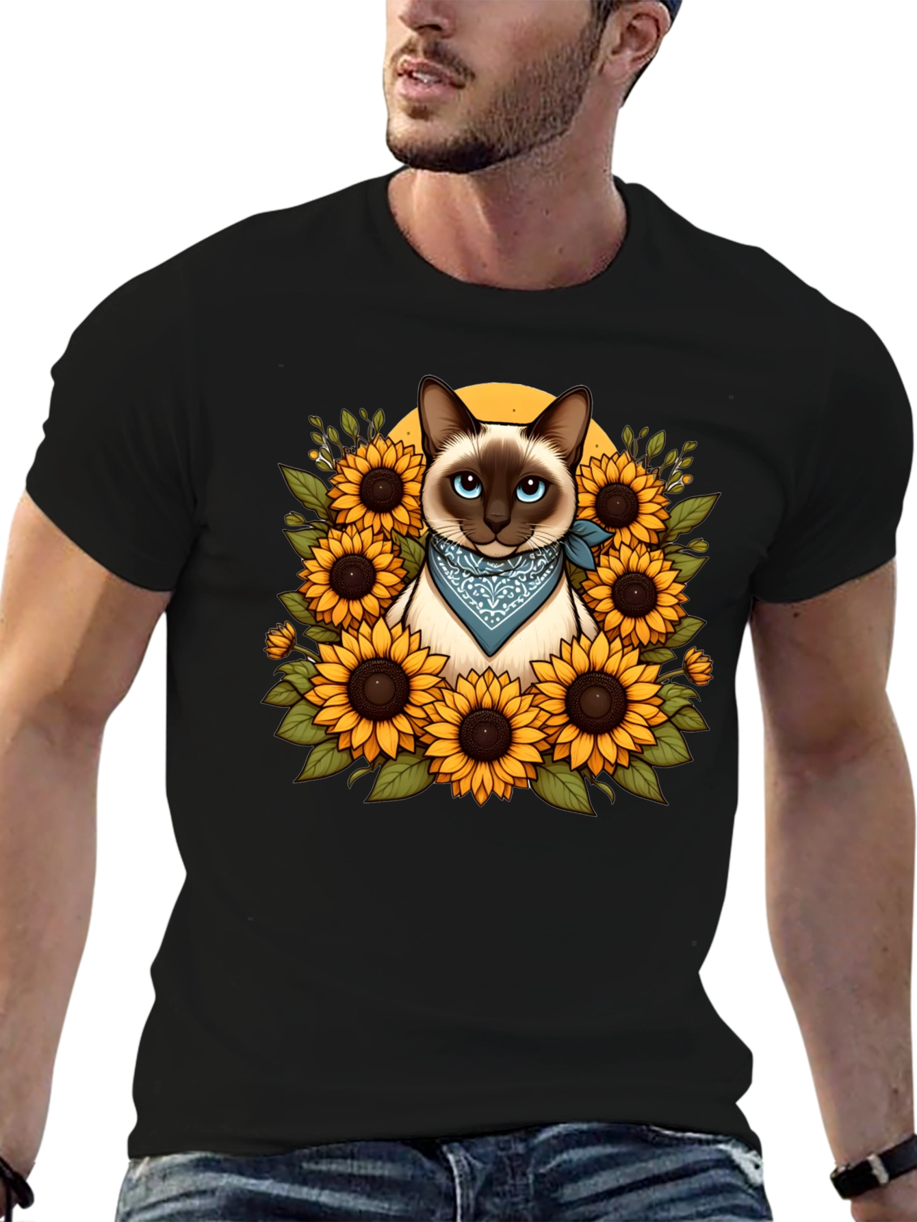 Black Siamese Cat Sunflower Graphic T-Shirt view 6