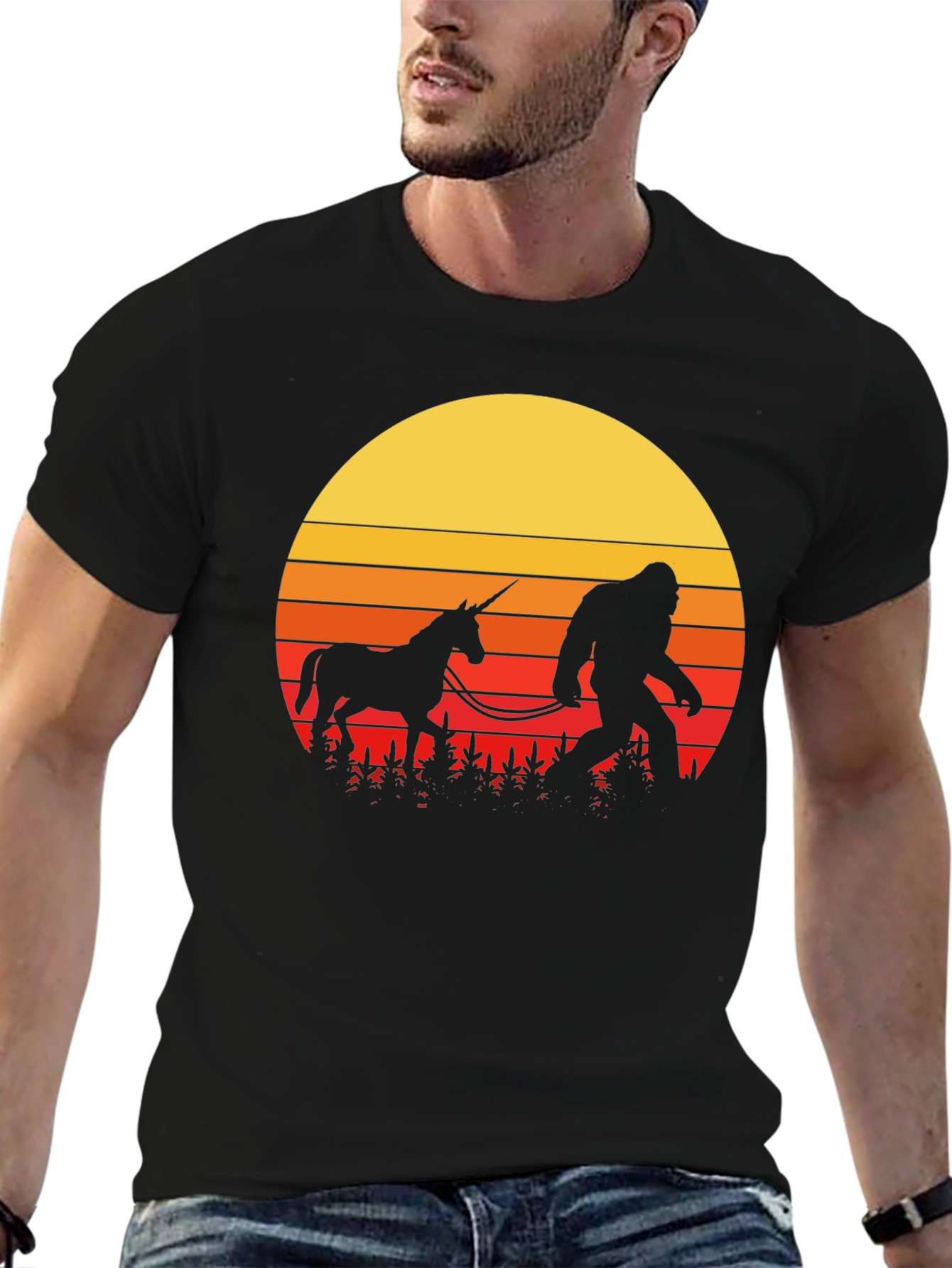 Black Sasquatch & Unicorn Sunset T-Shirt view 6