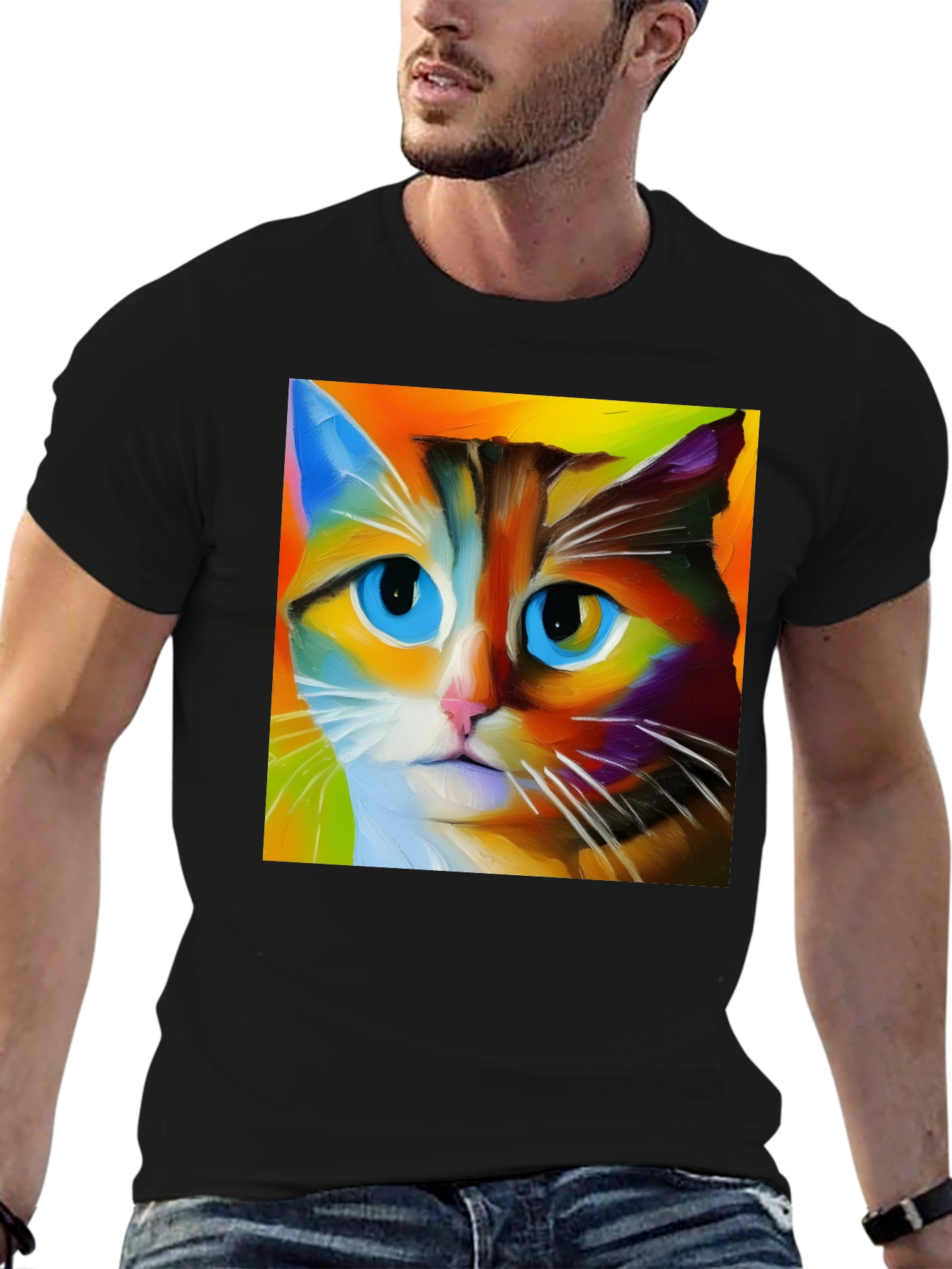 Black Colorful Cat Art T-Shirt view 6
