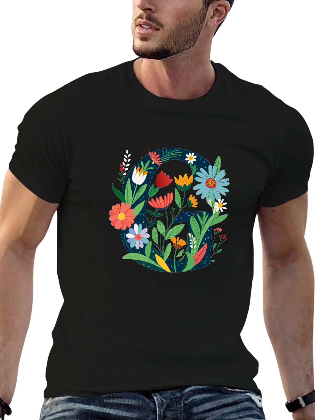 Black Floral Letter G Graphic Tee - Unique Design view 6