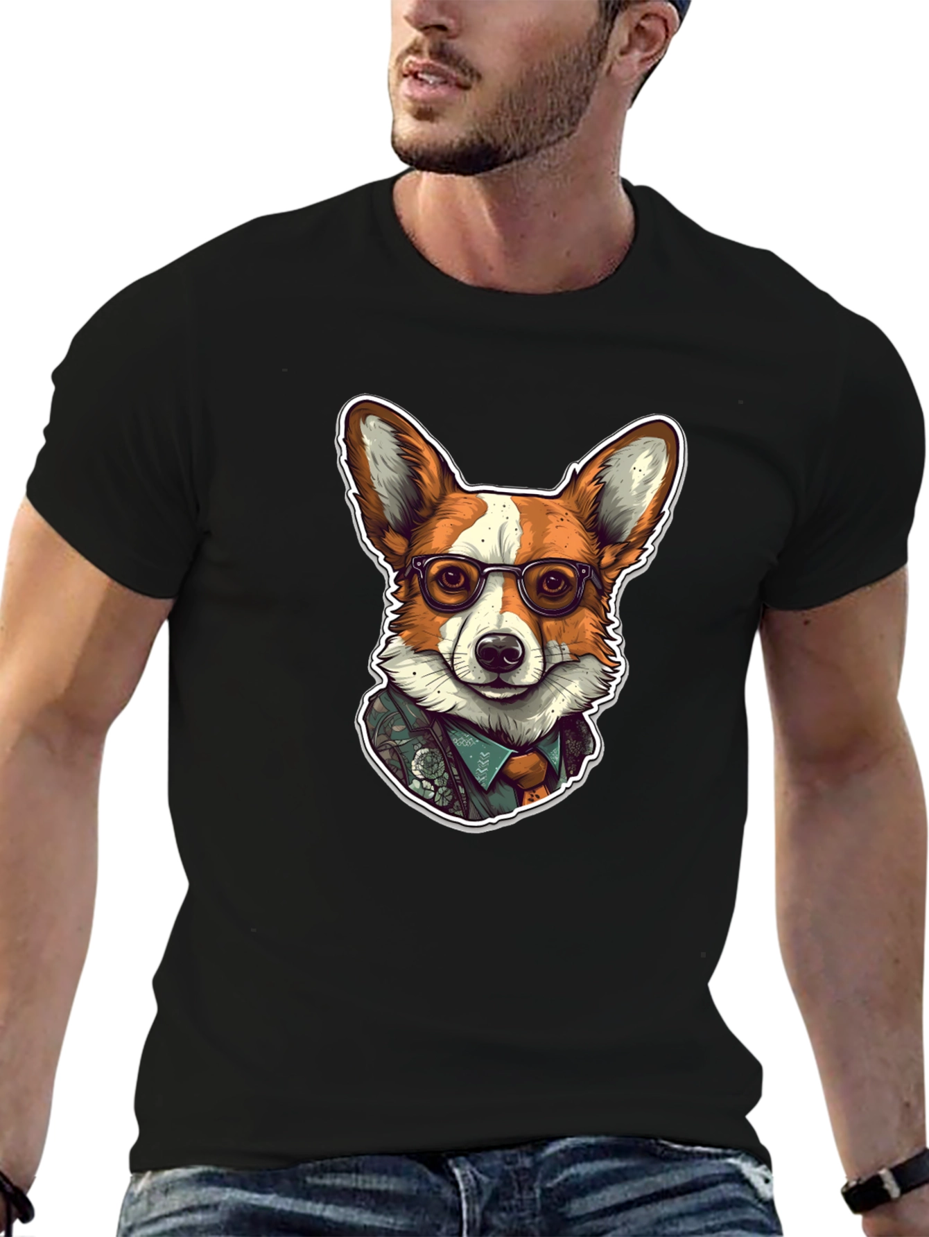 Black Hipster Corgi Graphic Tee - Unisex Soft Cotton Shirt view 6