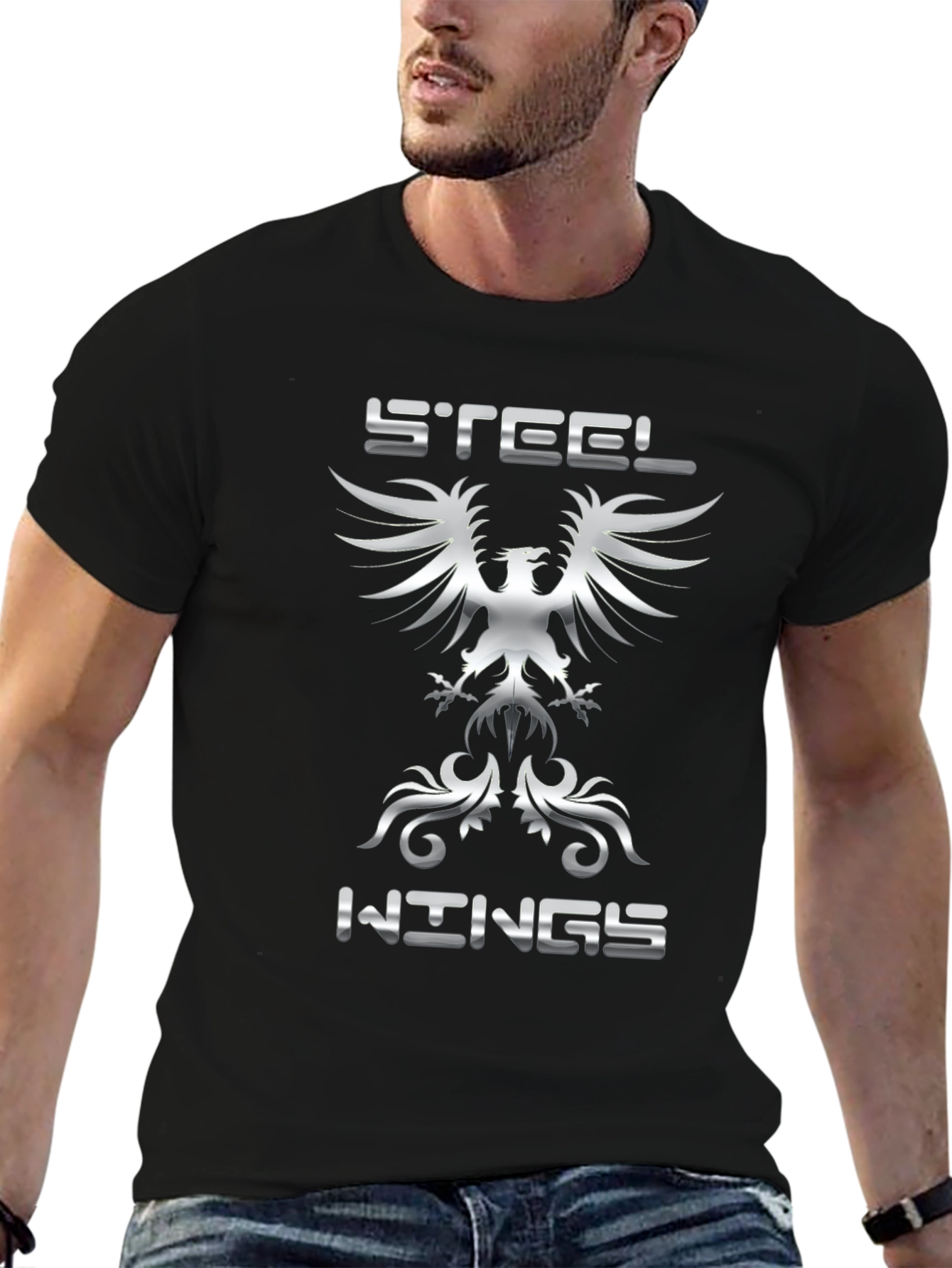 Black Steel Wings Graphic Tee - Bold Eagle Design view 6