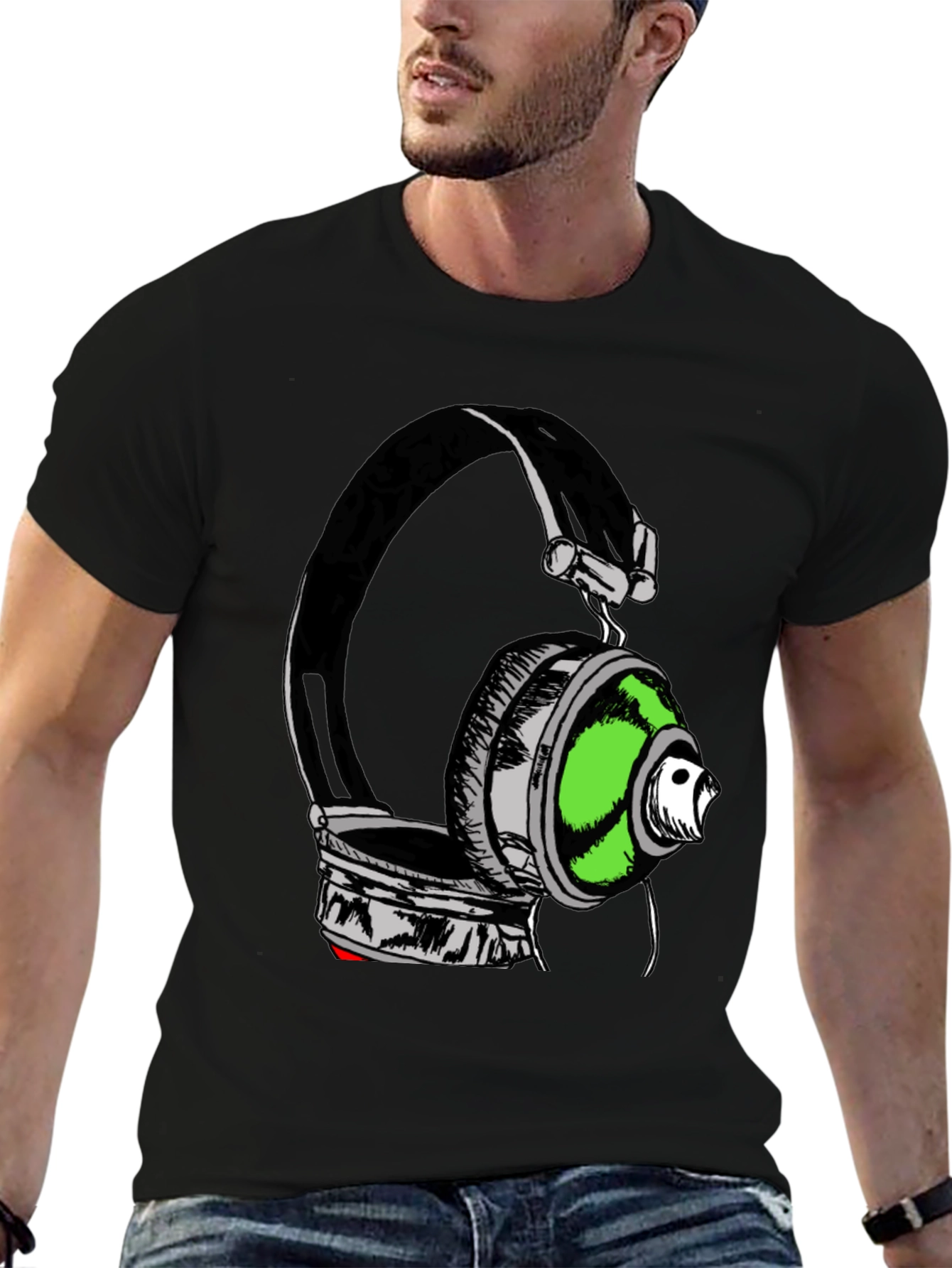 Black Headphones Graphic Print T-Shirt - Black view 6