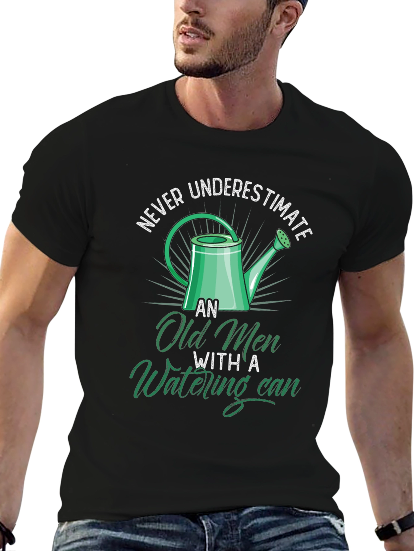 Black Funny Old Men Watering Can Graphic T-Shirt view 6