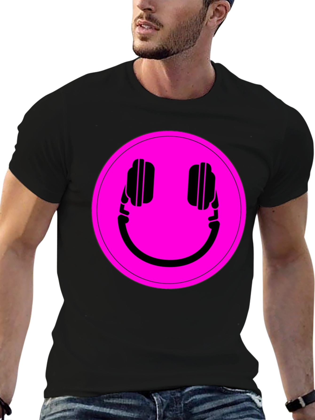 Black Headphone Smiley Graphic Tee - Black view 6