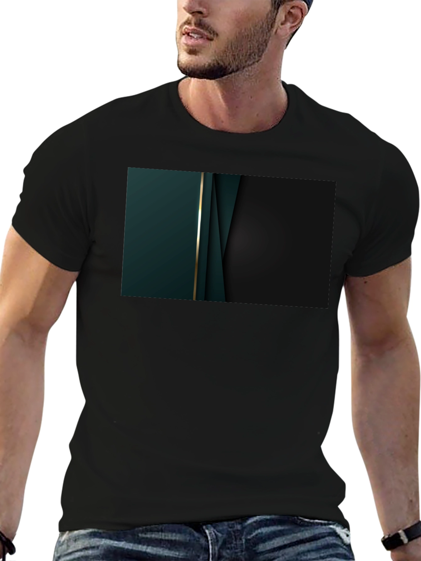 Black Sleek Black Tee with Abstract Dark Green Design view 6