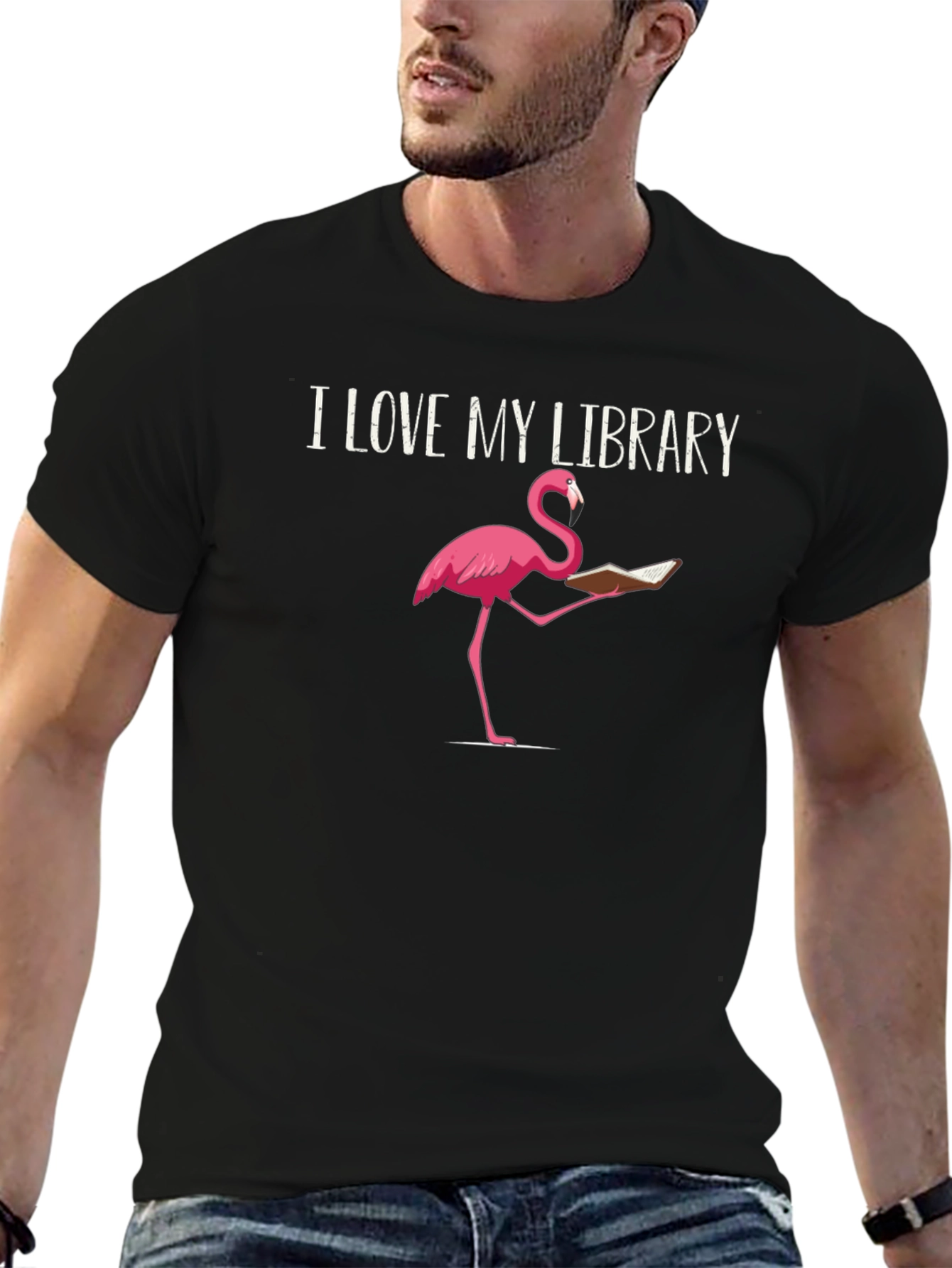 Black I Love My Library Flamingo Reading T-Shirt view 6