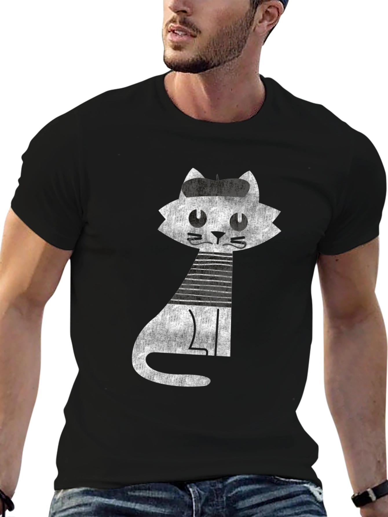 Black Retro Cat Graphic Tee - Cool Black Cotton T-Shirt view 6