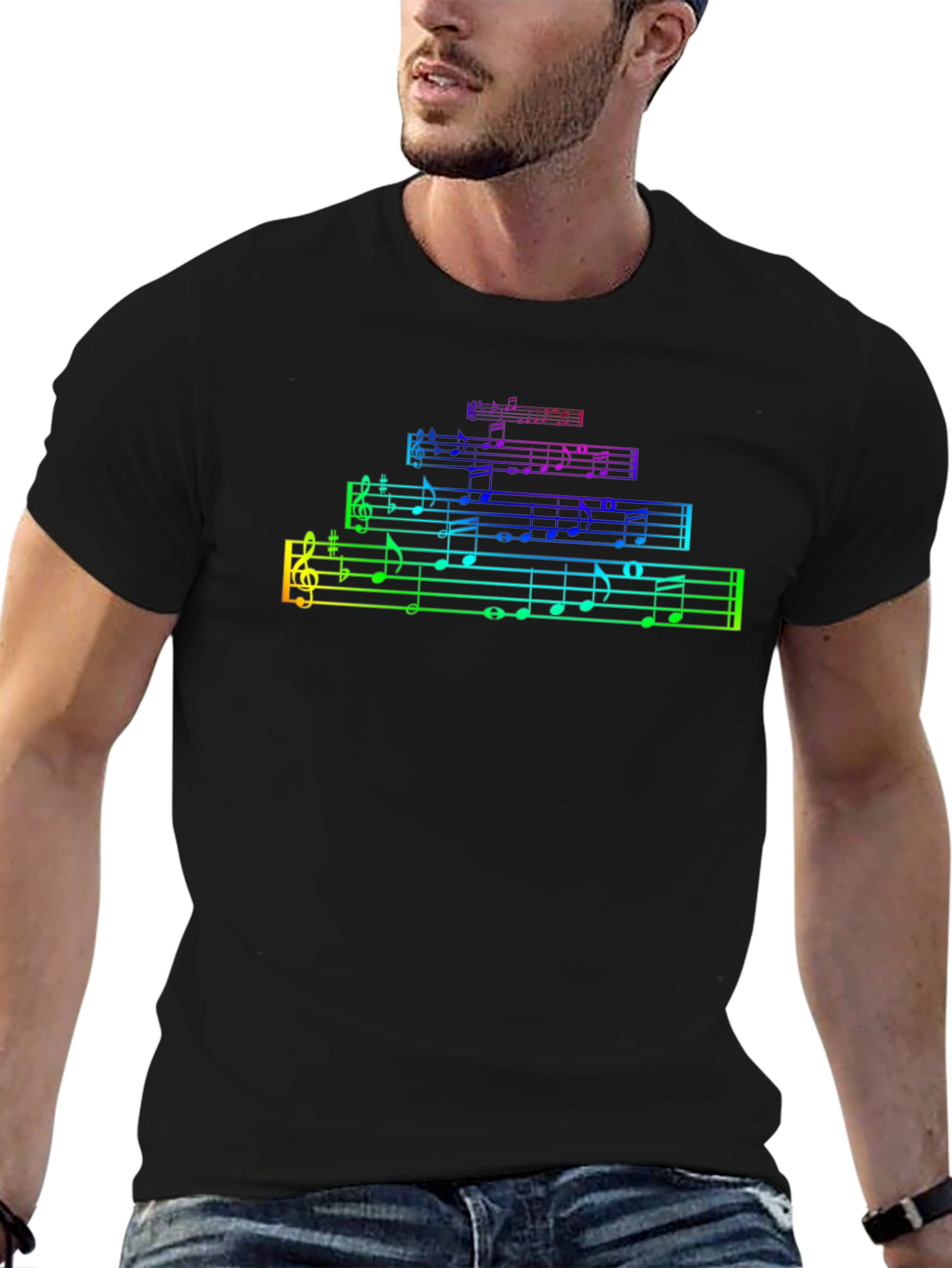 Black Rainbow Music Notes Graphic Black T-Shirt view 6