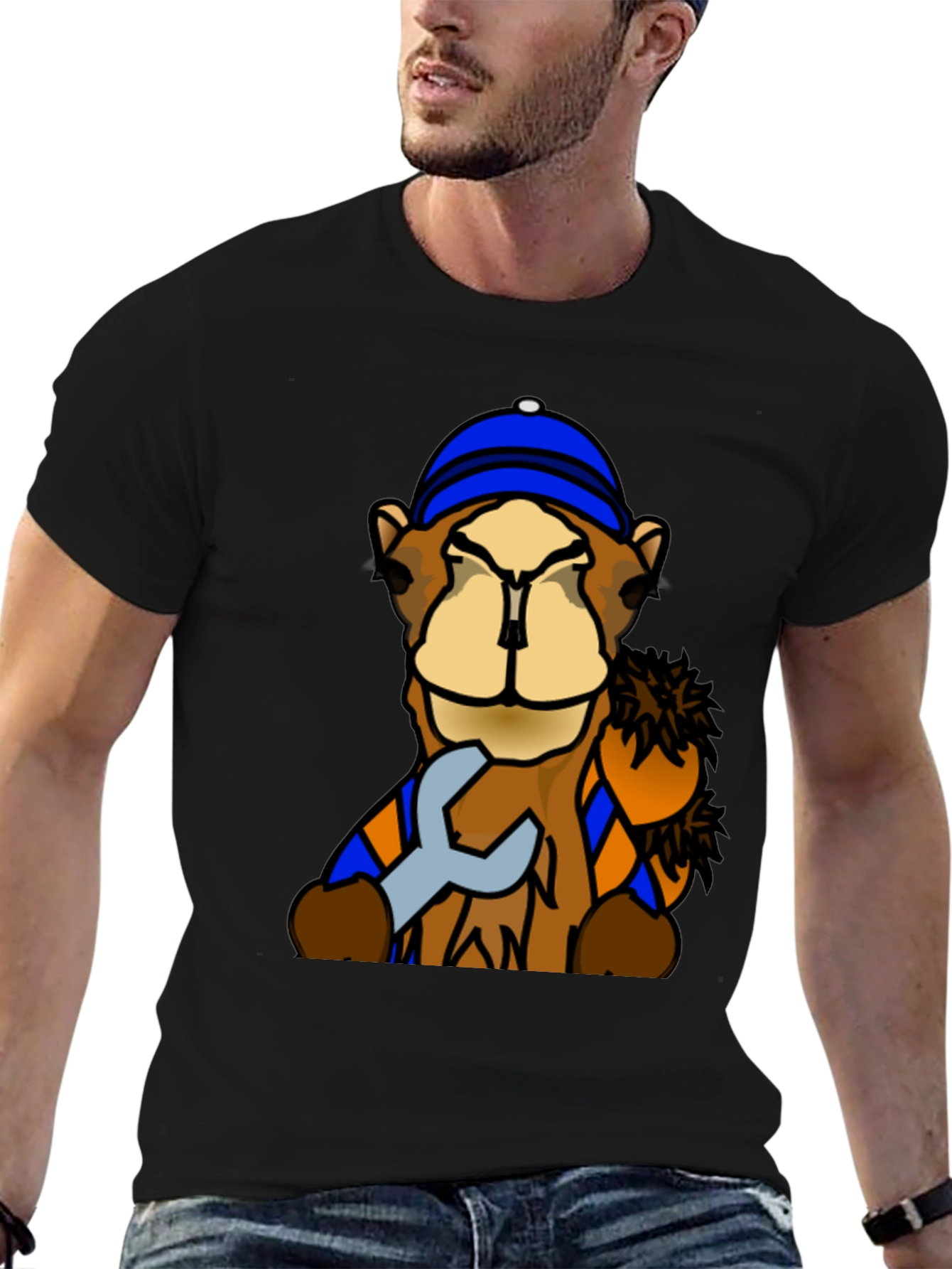 Black Camel Mechanic T-Shirt - Funny Cartoon Animal Tee view 6