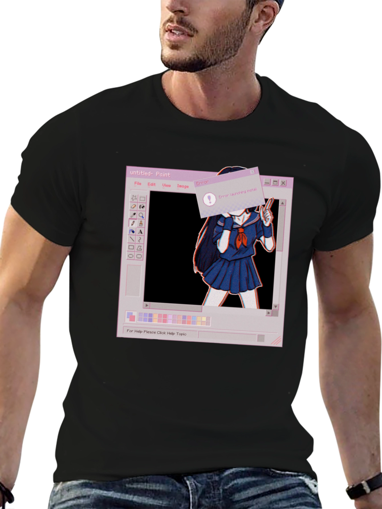 Black Aesthetic Anime Paint Error Black T-Shirt view 6