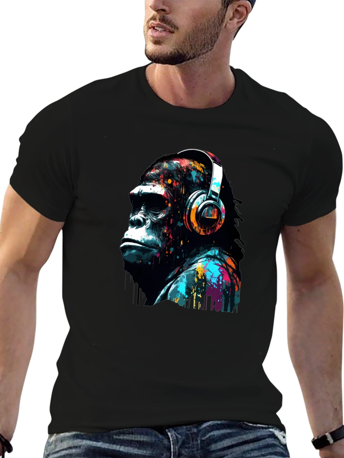 Black Gorilla Headphone Graphic Print Black T-Shirt view 6