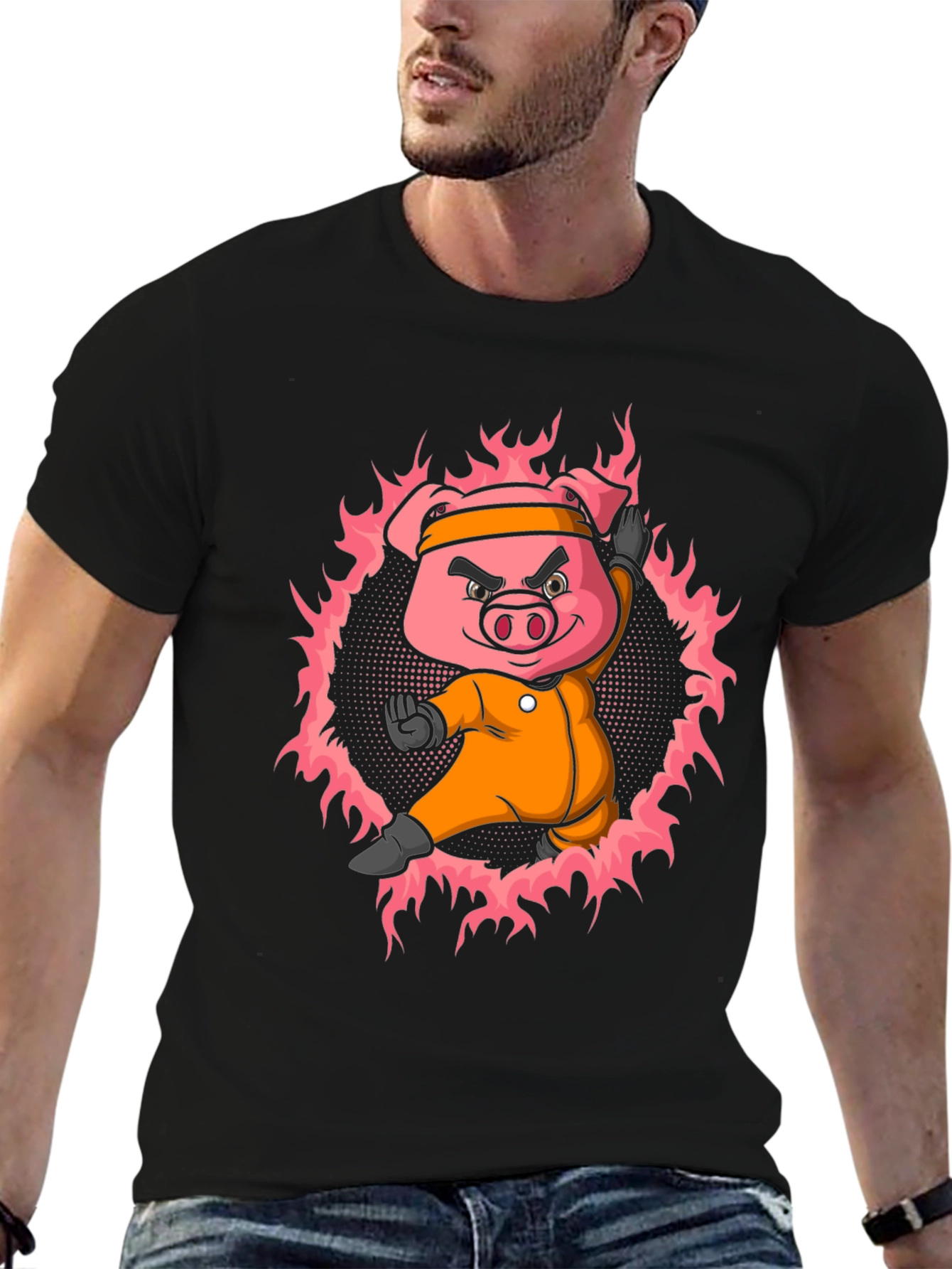 Black Karate Pig T-Shirt - Black Cotton Tee view 6